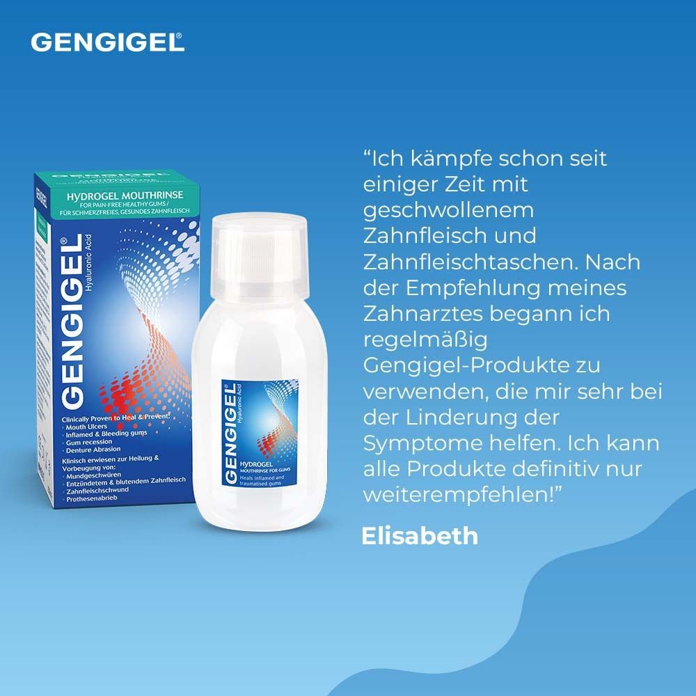 Gengigel Mundspüllösung und Verpackung. Text: Erfahrungsbericht von Elisabeth. Produkt und Verpackung.
