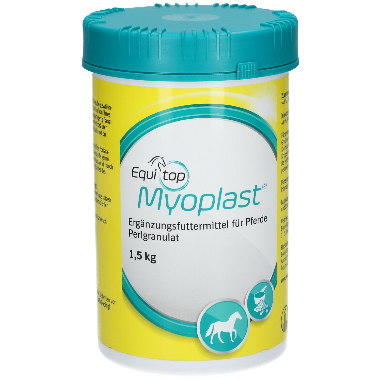 Behälter mit blauem Deckel. Aufschrift: Equitop Myoplast, Ergänzungsfuttermittel für Pferde, 1,5 kg. Abbildungen von Pferd und Futter.