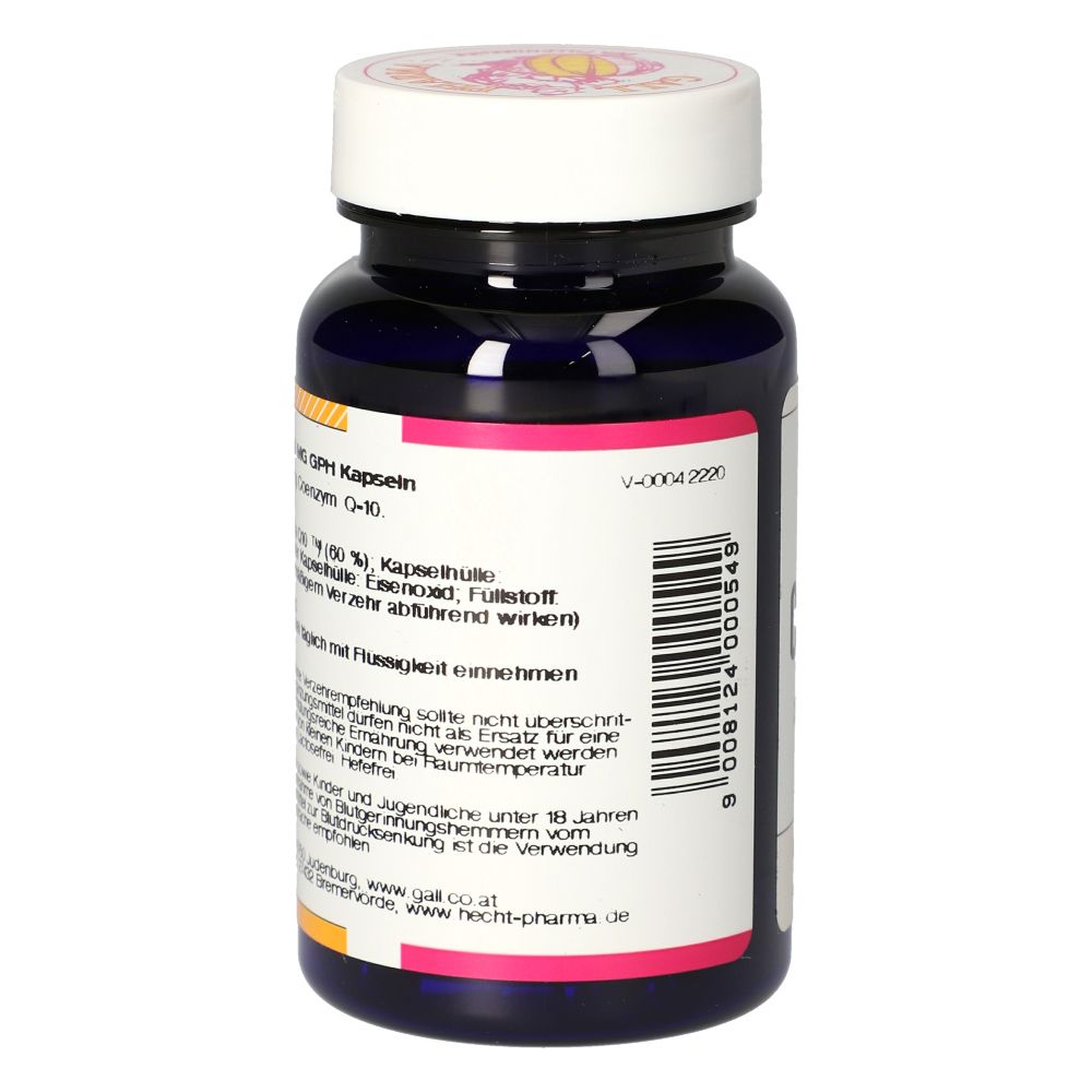 Rückseite der Flasche. Text: COENZYM Q-10 250 MG GPH Kapseln. Barcode und Herstellerinformationen. Weißer Deckel.