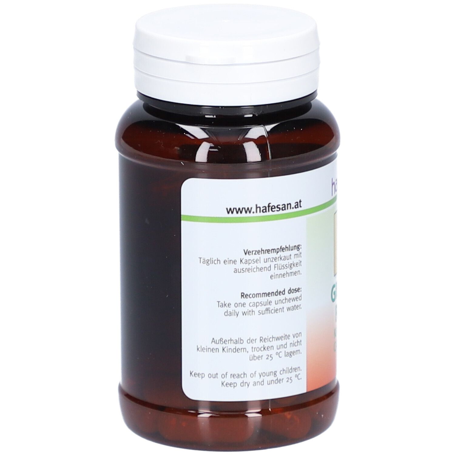 Braune Kapsel-Dose mit weißem Deckel. Aufkleber mit Informationen. Text: Verzehrempfehlung, recommended dose.