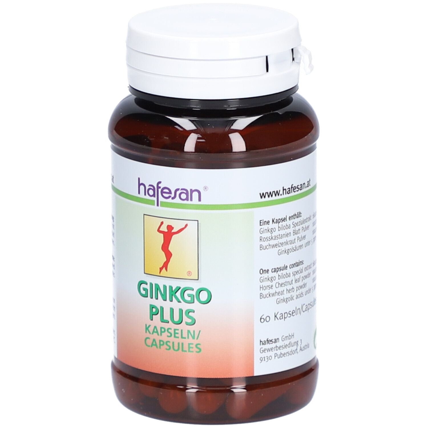 Braune Kapsel-Dose mit weißem Deckel. Aufschrift: hafesan, Ginkgo Plus, Kapseln/Capsules. Logo: Figur.