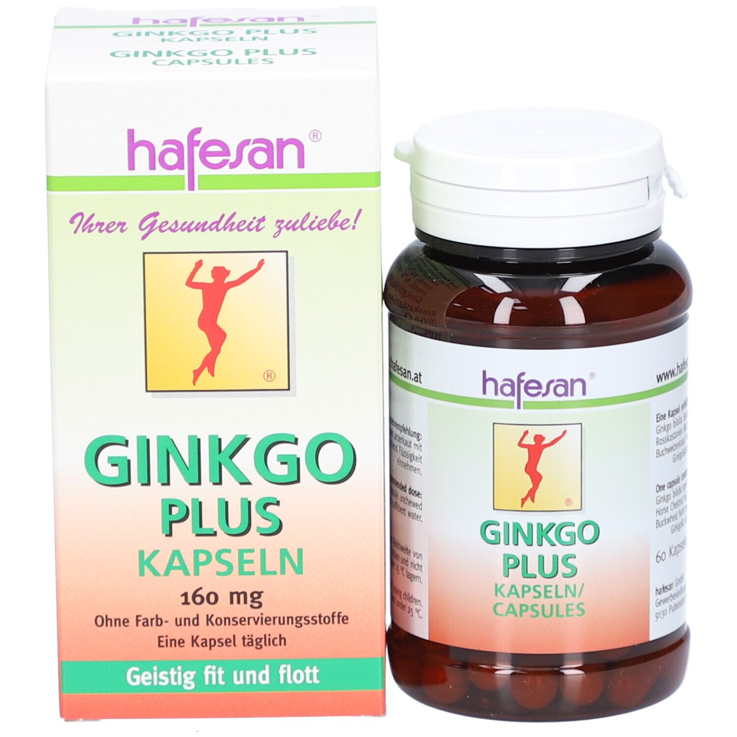 Produktpackung und Dose. Packung: weiß, grün. Aufschrift: Ginkgo Plus, 160 mg. Dose: braun, weißer Deckel.