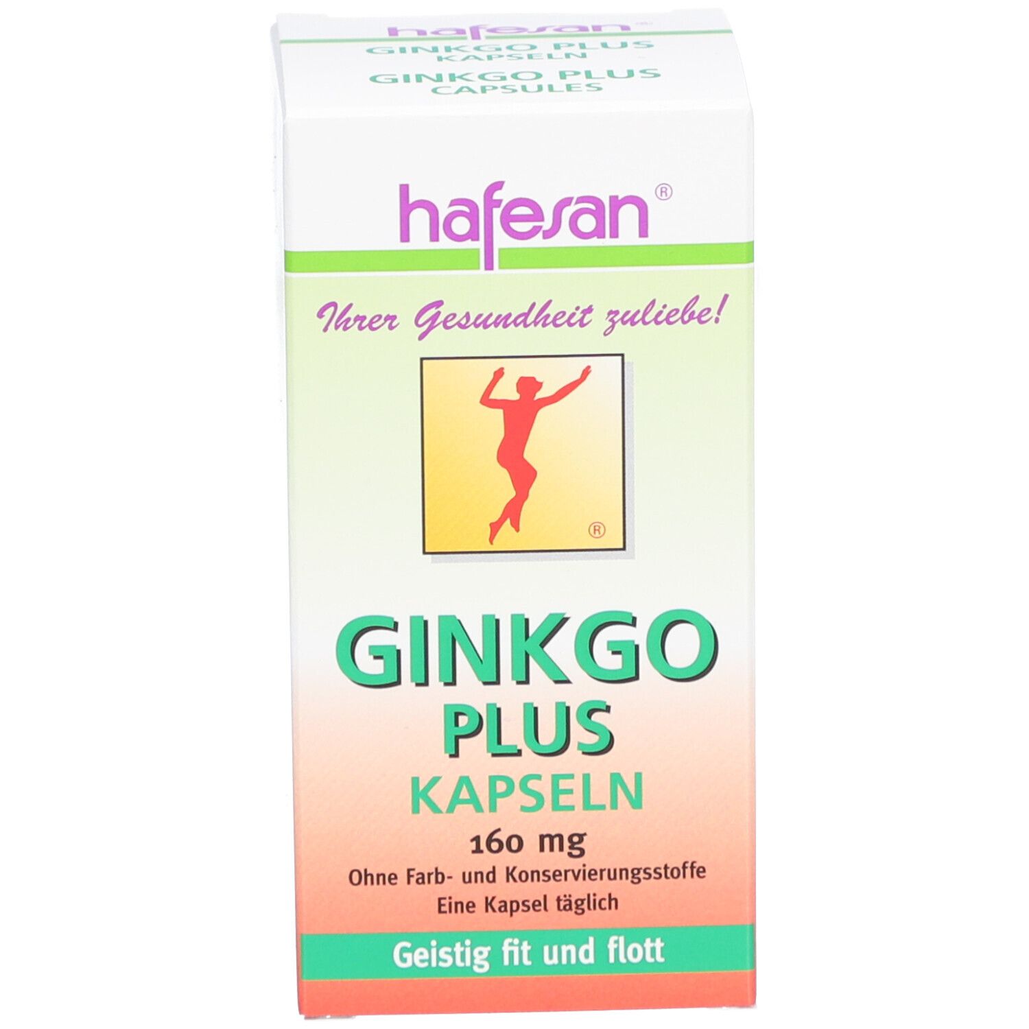 Weiße Produktverpackung. Aufschrift: Ginkgo Plus, 160 mg. Text: Ohne Farb- und Konservierungsstoffe. Logo: Figur.