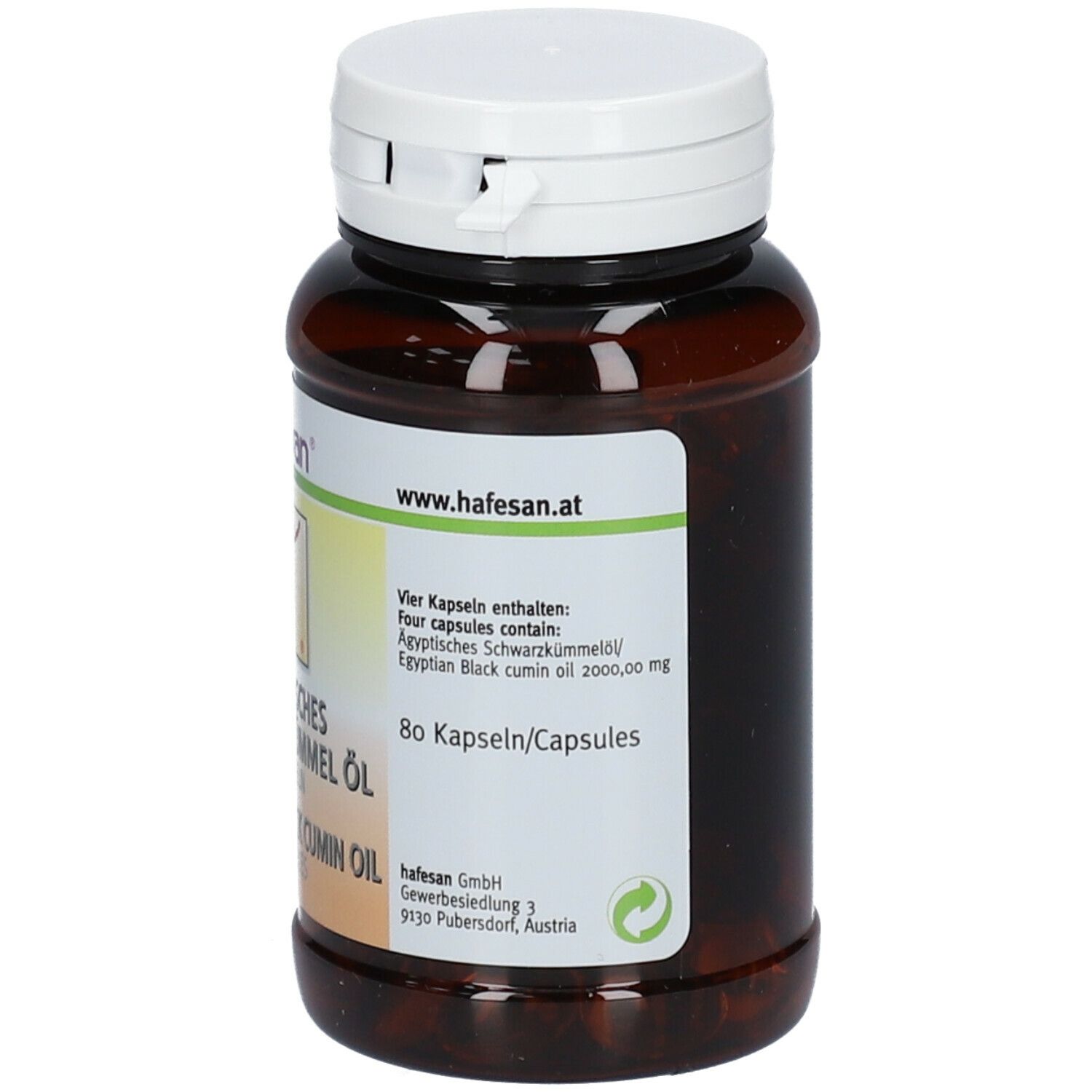Kapsel-Dose mit weißem Deckel. Beschriftung: hafesan, Ägyptisches Schwarzkümmel Öl, Egyptian Black Cumin Oil, 80 Kapseln.