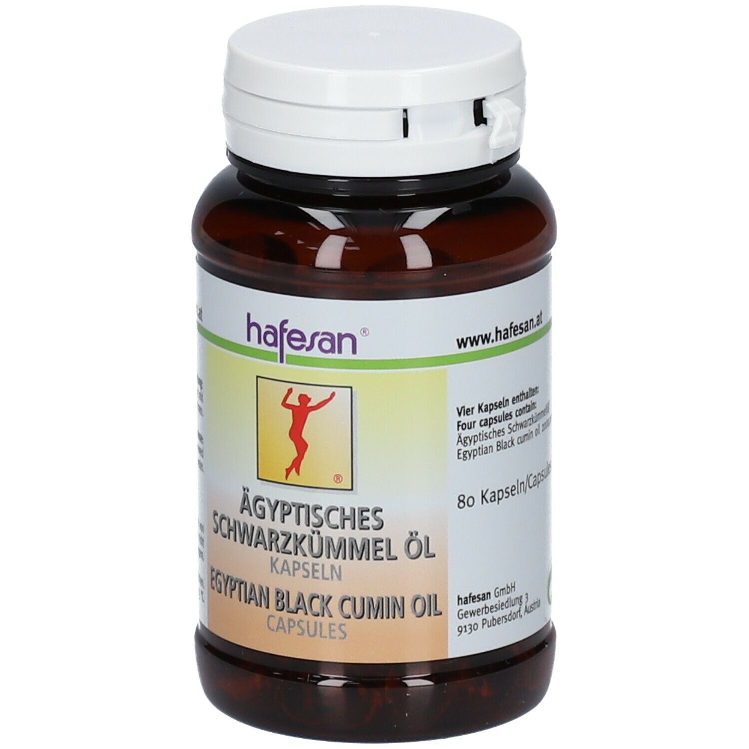 Kapsel-Dose mit weißem Deckel. Beschriftung: hafesan, Ägyptisches Schwarzkümmel Öl, Egyptian Black Cumin Oil, 80 Kapseln.