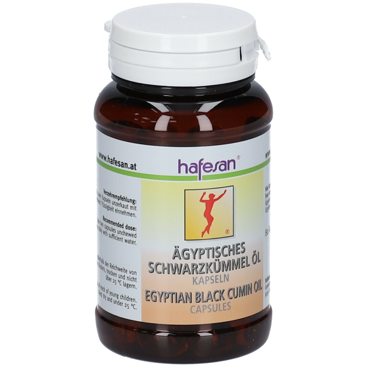 Kapsel-Dose mit weißem Deckel. Beschriftung: hafesan, Ägyptisches Schwarzkümmel Öl, Egyptian Black Cumin Oil, Kapseln.