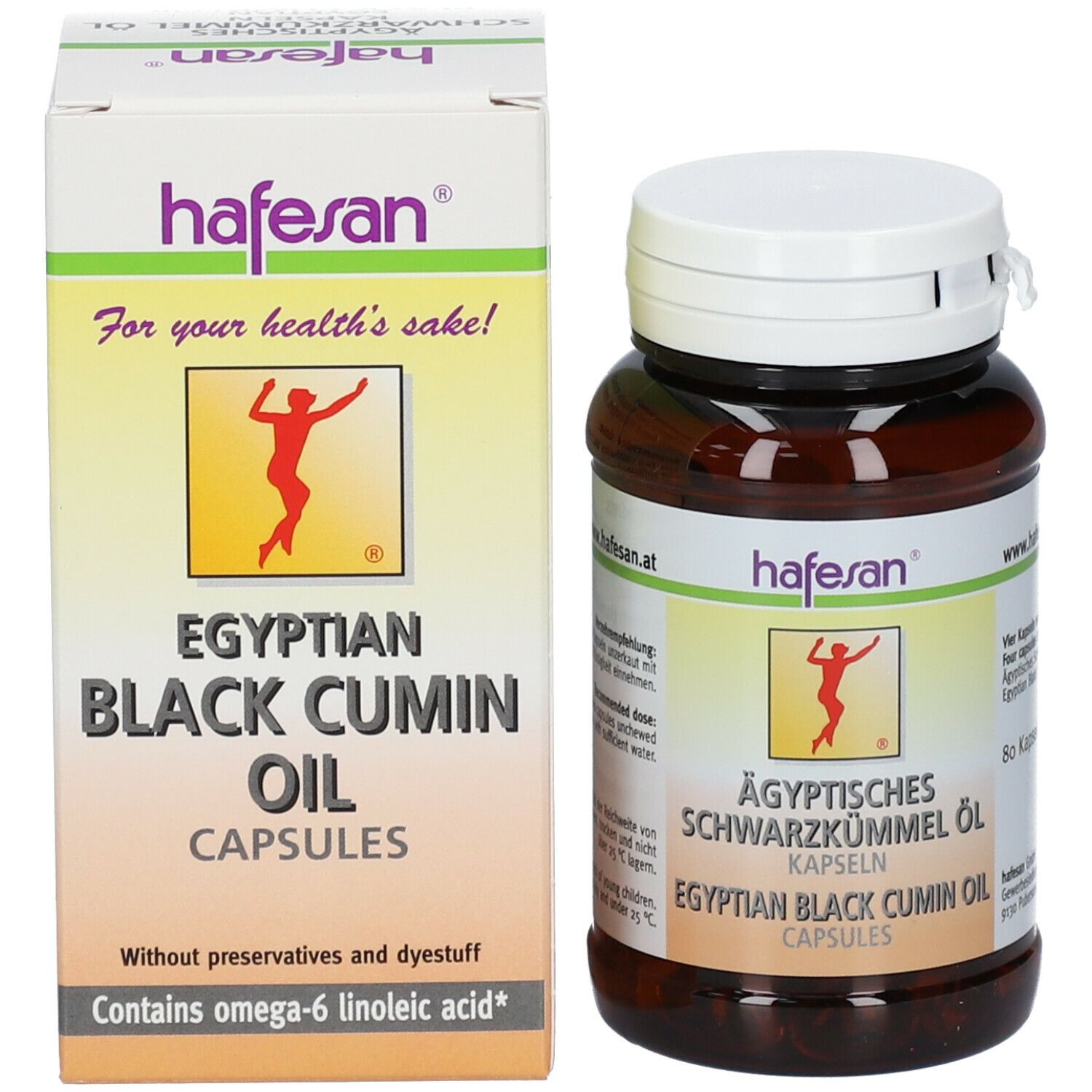 Kapsel-Dose und Schachtel. Beschriftung: hafesan, Egyptian Black Cumin Oil, Kapseln. Ohne Konservierungsstoffe und Farbstoffe.