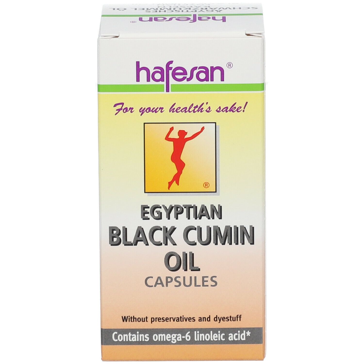 Schachtel. Beschriftung: hafesan, Egyptian Black Cumin Oil, Kapseln. Ohne Konservierungsstoffe und Farbstoffe.