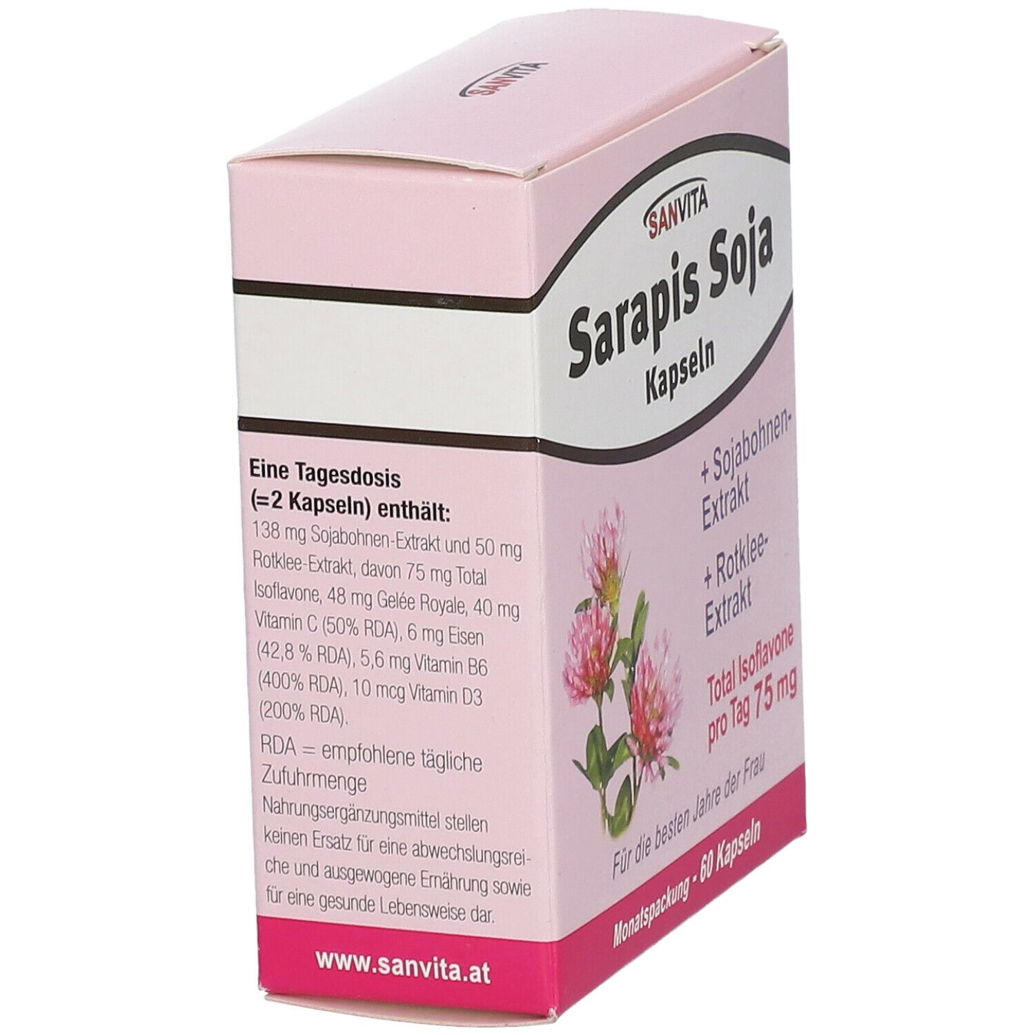 Rosa Schachtel, Produktname und Kleeblumen-Illustration. Text: Sarapis Soja Kapseln, Inhaltsstoffe, Tagesdosis, 60 Kapseln.