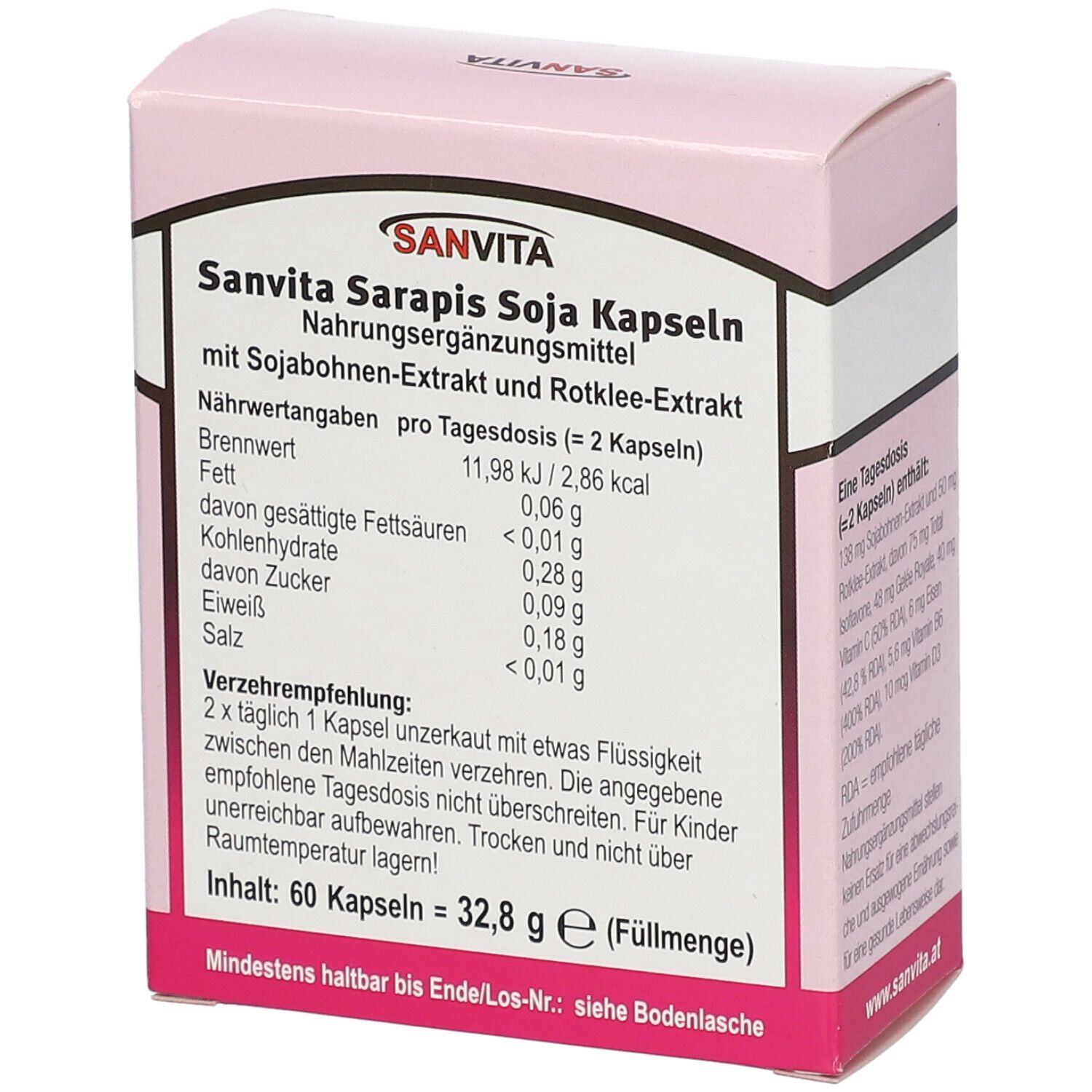 Rosa Schachtel mit Produktinformationen. Text: Sarapis Soja Kapseln, Nährwertangaben, 60 Kapseln, 32,8 g.