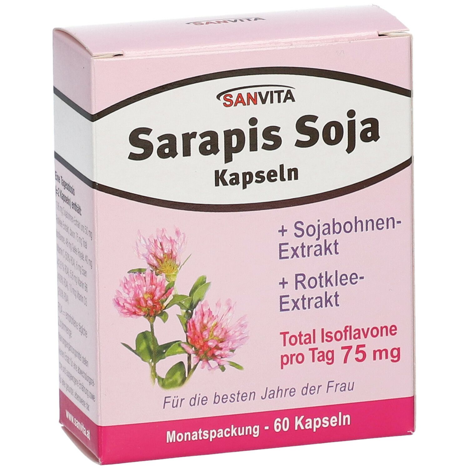 Rosa Schachtel mit Produktnamen und Kleeblumen-Illustration. Text: Sarapis Soja Kapseln, + Sojabohnen-Extrakt, + Rotklee-Extrakt.