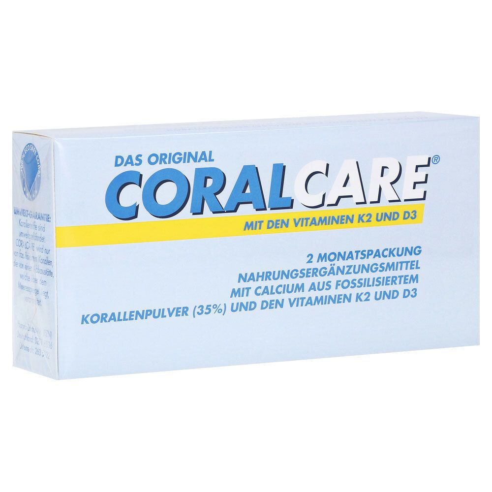 CORALCARE®-Packung. Blaue Schachtel mit gelbem Streifen. Schriftzug: CORALCARE® mit Vitaminen K2 und D3. 2-Monatspackung.
