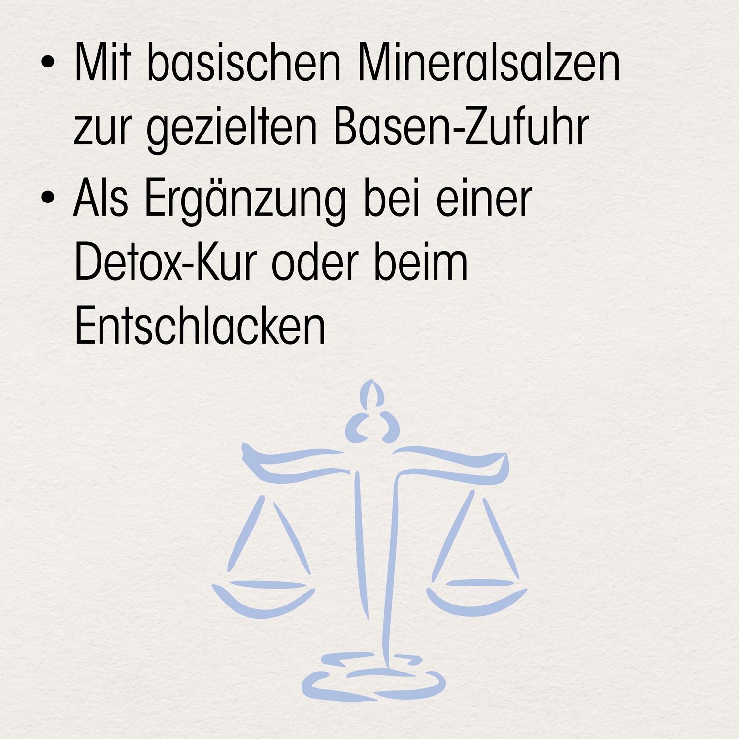Text mit Stichpunkten: Basische Mineralsalze zur Basen-Zufuhr. Ergänzung bei Detox-Kur.