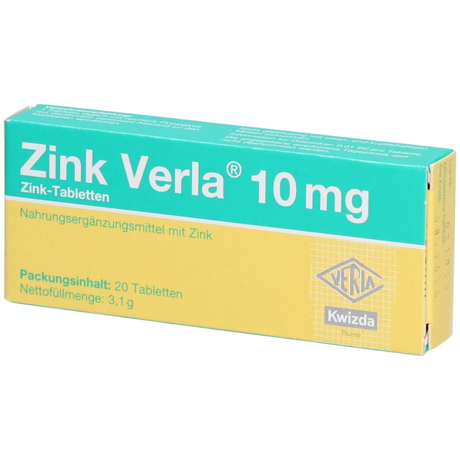 Schachtel mit Zink Verla® 10 mg Tabletten. Grün-gelbe Verpackung. Text: Zink-Tabletten, Nahrungsergänzungsmittel mit Zink. 20 Tabletten.
