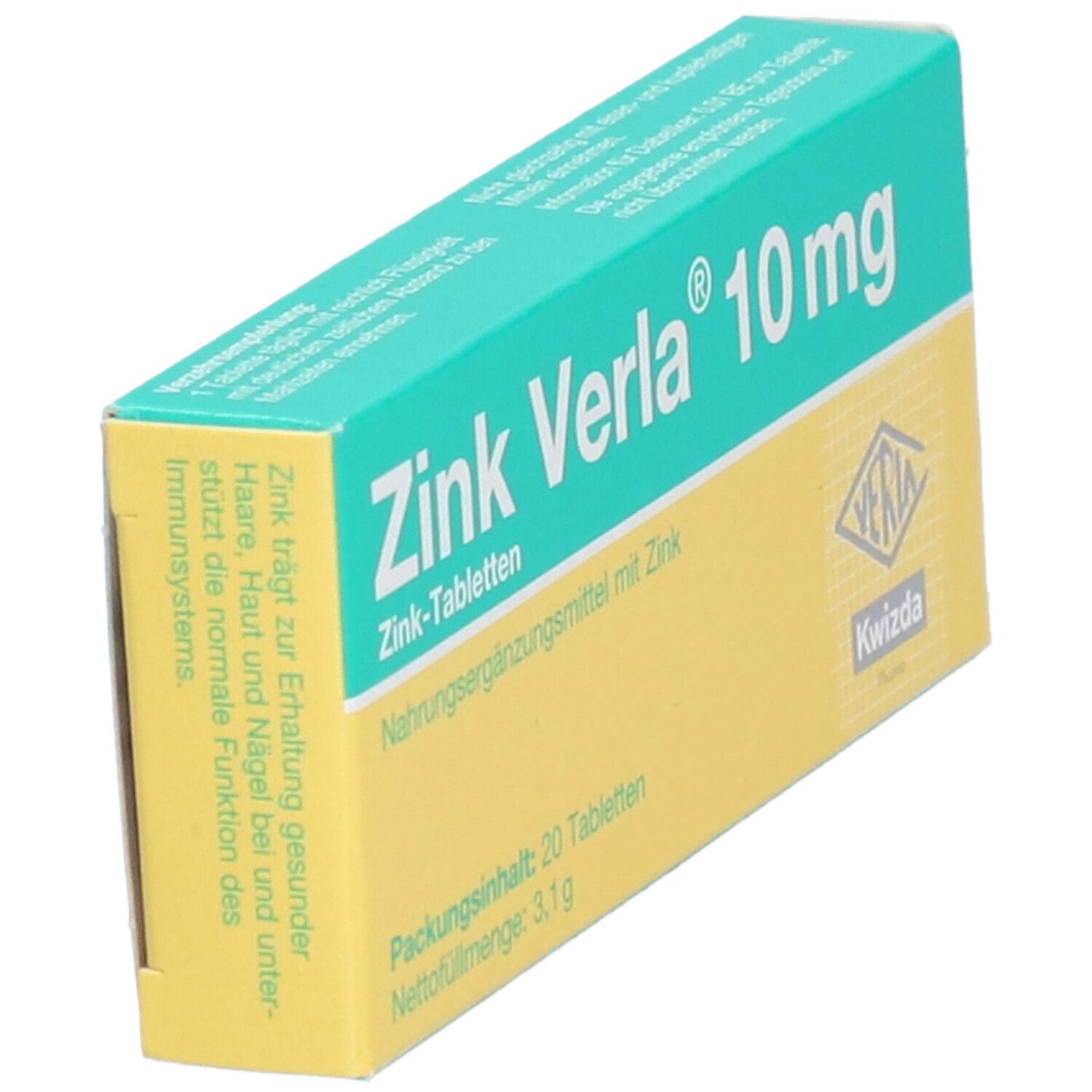 Schräg gestellte Schachtel mit Zink Verla® 10 mg Tabletten. Grün-gelbe Verpackung. Text: Zink-Tabletten, Nahrungsergänzungsmittel mit Zink. 20 Tabletten.