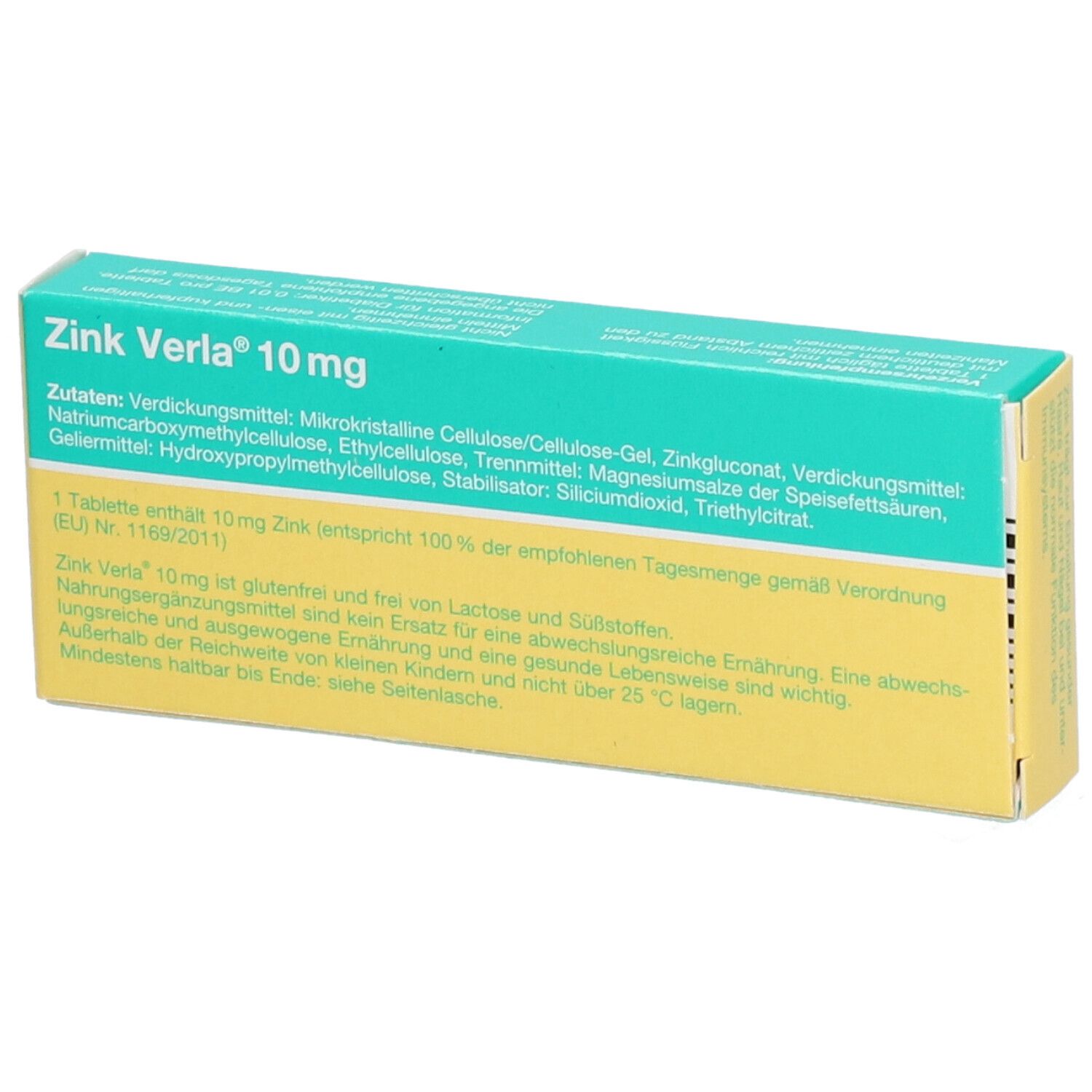 Rückseite der Schachtel mit Zink Verla® 10 mg Tabletten. Grün-gelbe Verpackung. Text: Zutaten, 1 Tablette enthält 10mg Zink.