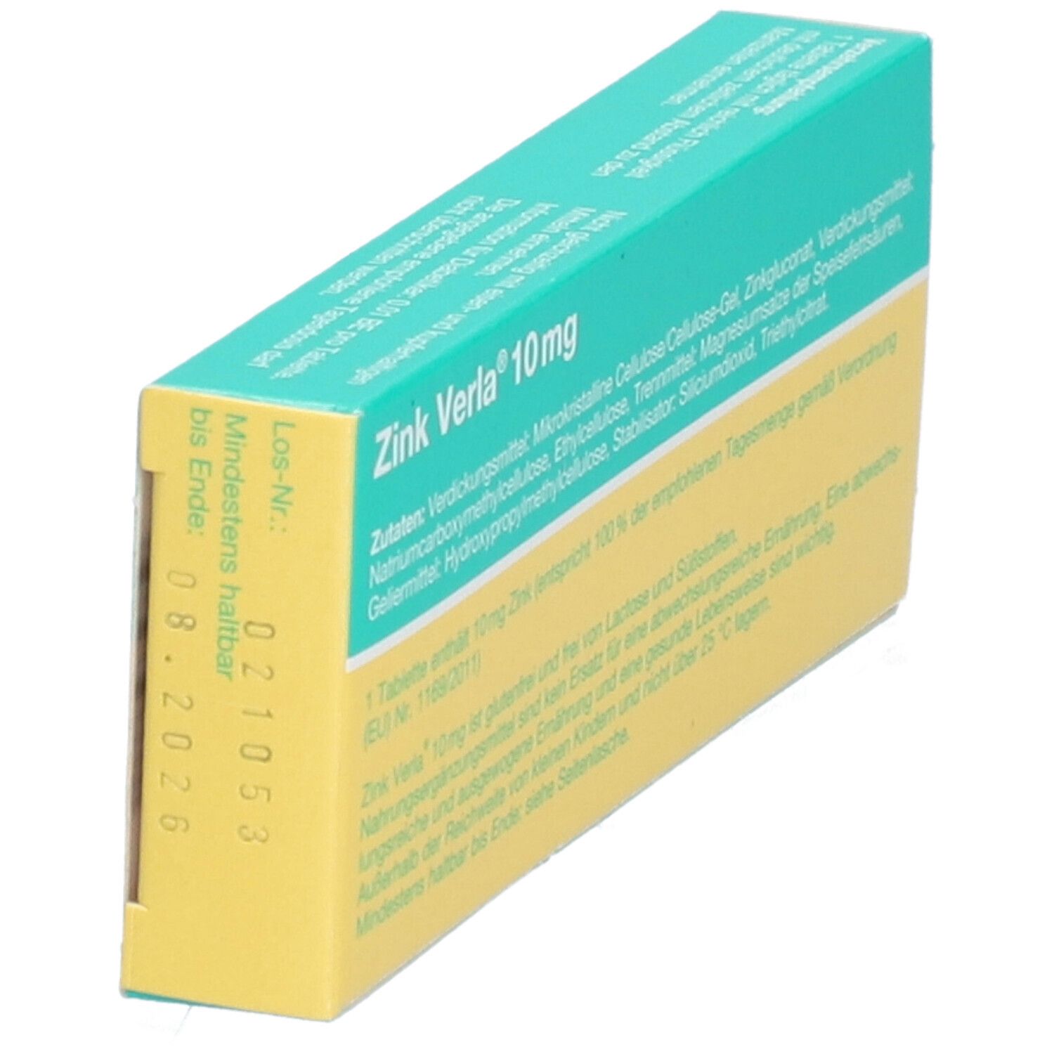 Schräg gestellte Rückseite der Schachtel mit Zink Verla® 10 mg Tabletten. Grün-gelbe Verpackung. Text: Zutaten, Mindestens haltbar bis.