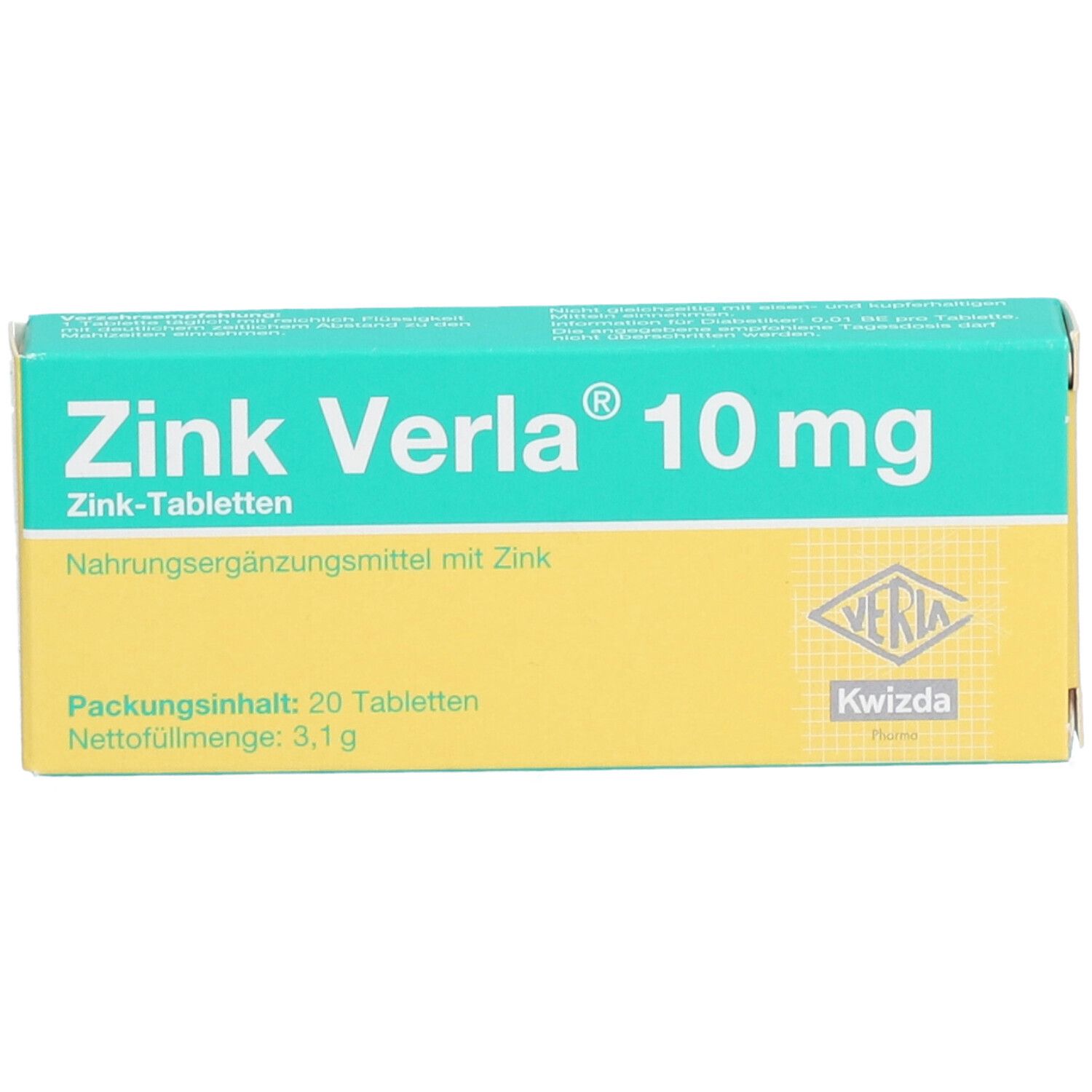 Schachtel mit Zink Verla® 10 mg Tabletten. Grün-gelbe Verpackung. Text: Zink-Tabletten, Nahrungsergänzungsmittel mit Zink. 20 Tabletten.