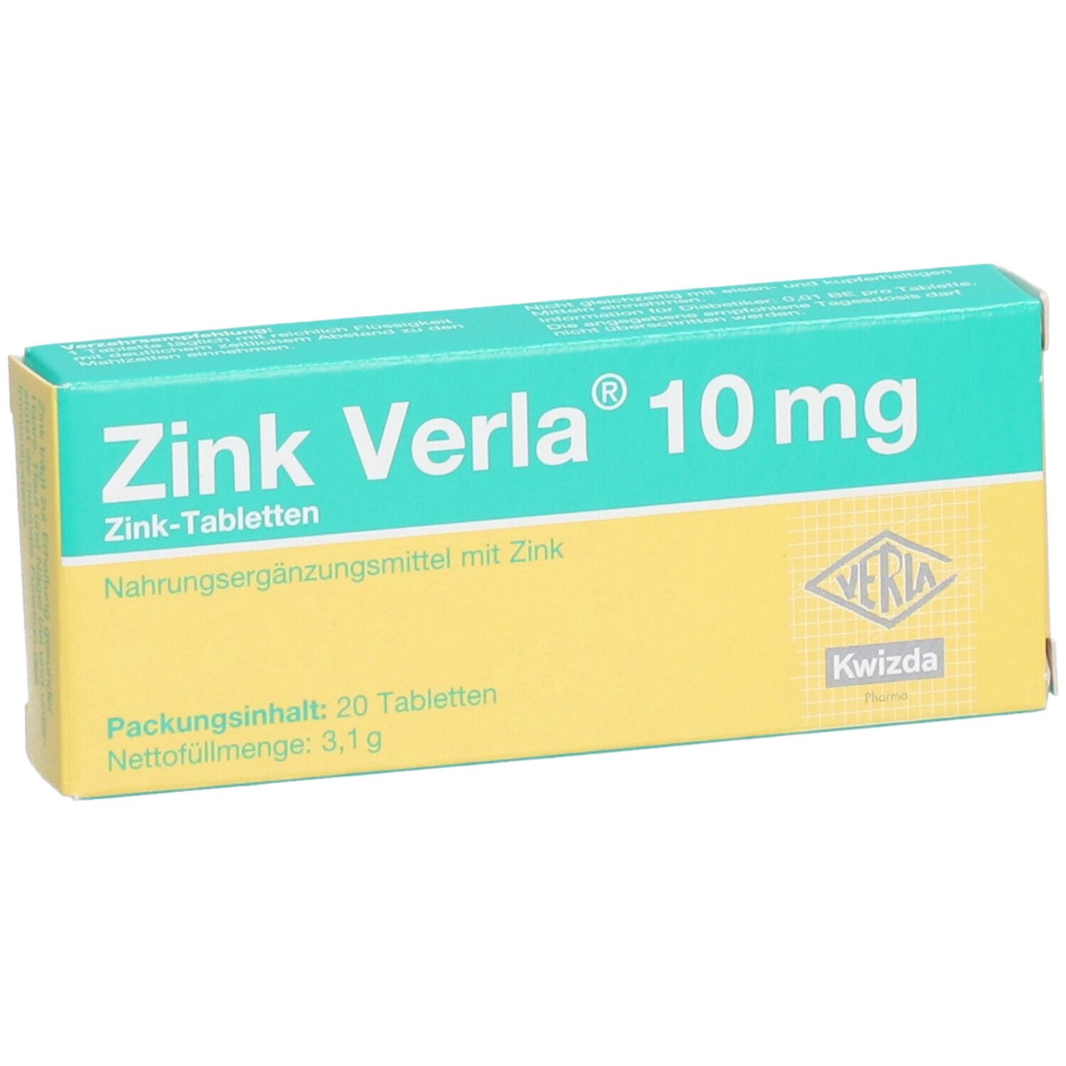 Schachtel mit Zink Verla® 10 mg Tabletten. Grün-gelbe Verpackung. Text: Zink-Tabletten, Nahrungsergänzungsmittel mit Zink. 20 Tabletten.