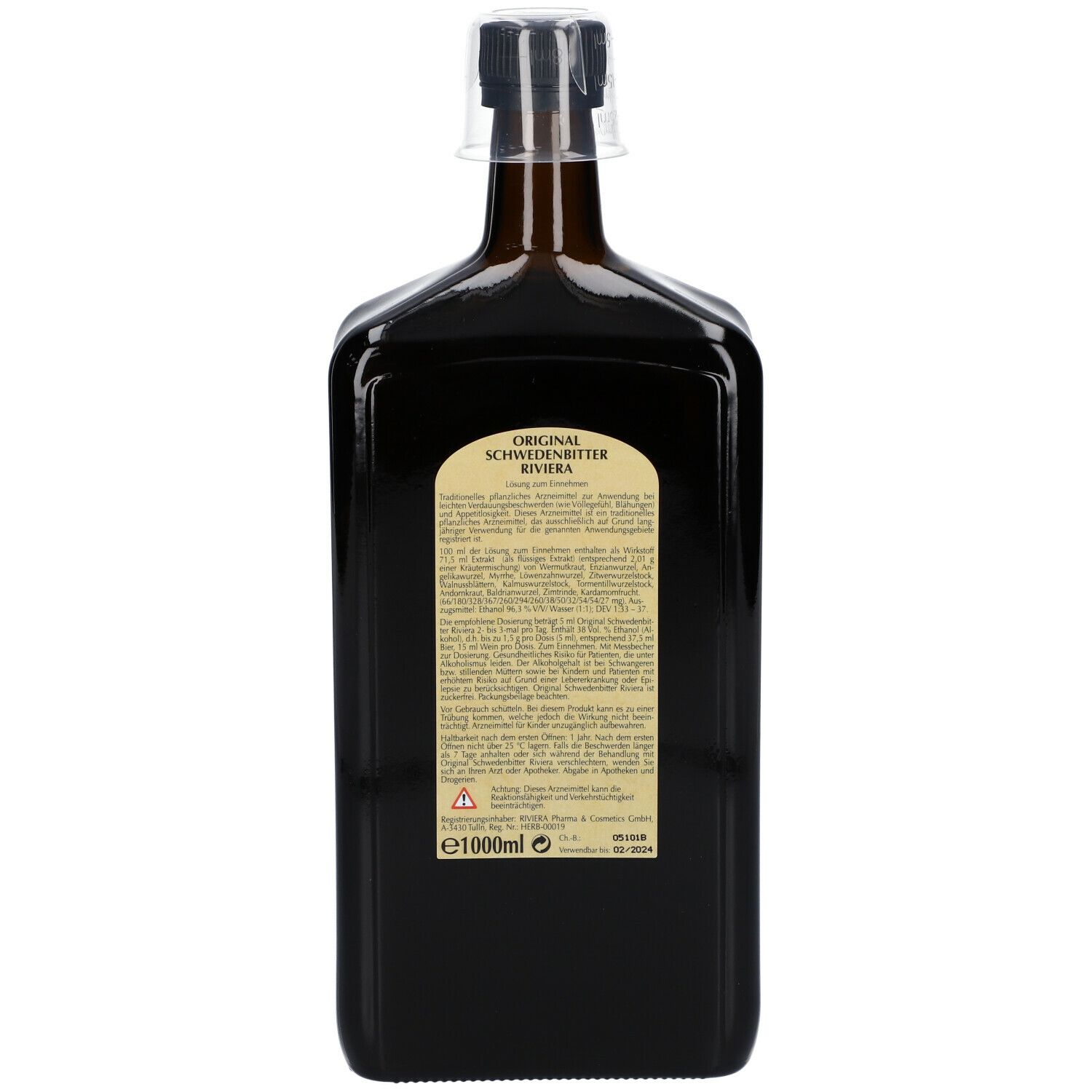 Rückseite einer braunen Glasflasche. Etikett mit Text und Inhaltsangaben. Logo und Warnhinweis. Volumenangabe: e1000ml.