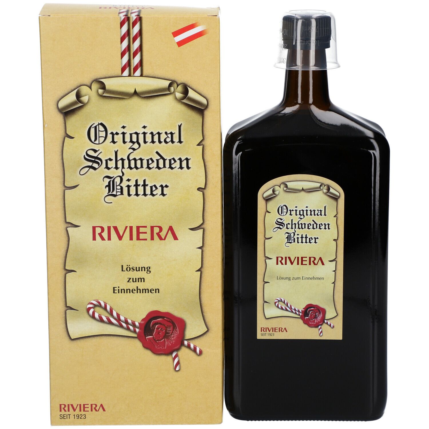 Braune Glasflasche und Karton. Auf der Flasche: Original Schweden Bitter RIVIERA. Auf dem Karton: gleicher Schriftzug, österreichische Flagge.