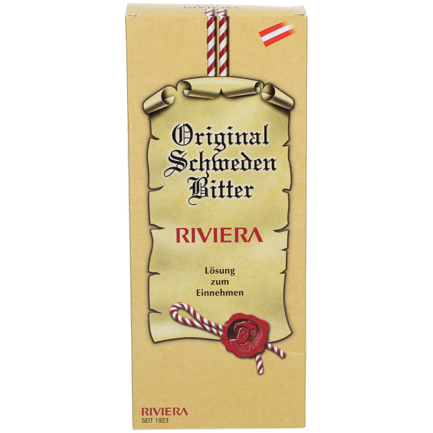 Beige Kartonverpackung. Aufschrift: Original Schweden Bitter RIVIERA. Österreichische Flagge und Logo. Text: Lösung zum Einnehmen.