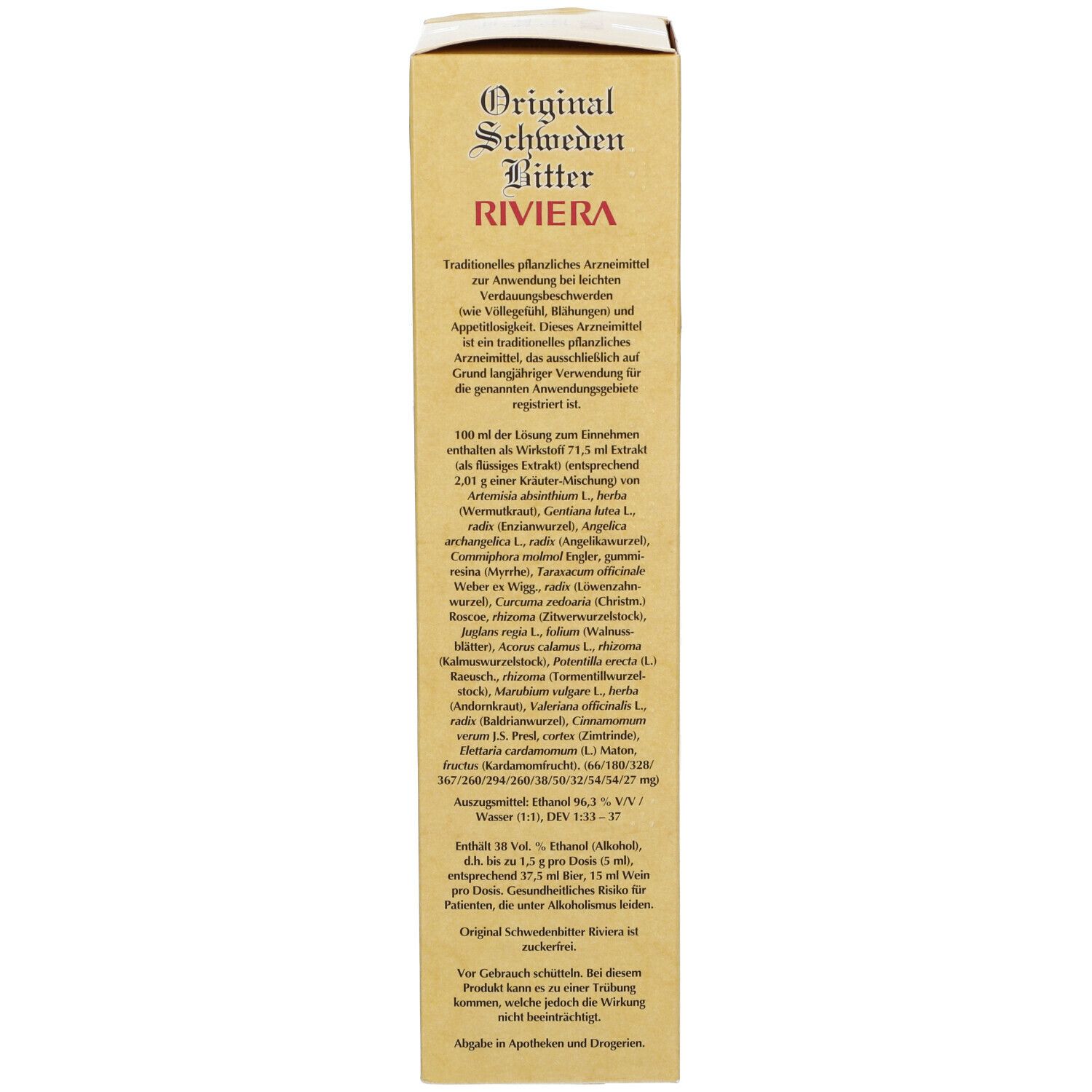Beige Kartonverpackung. Aufschrift: Original Schweden Bitter RIVIERA. Text mit Inhaltsstoffen und Anwendungshinweisen. Logo.