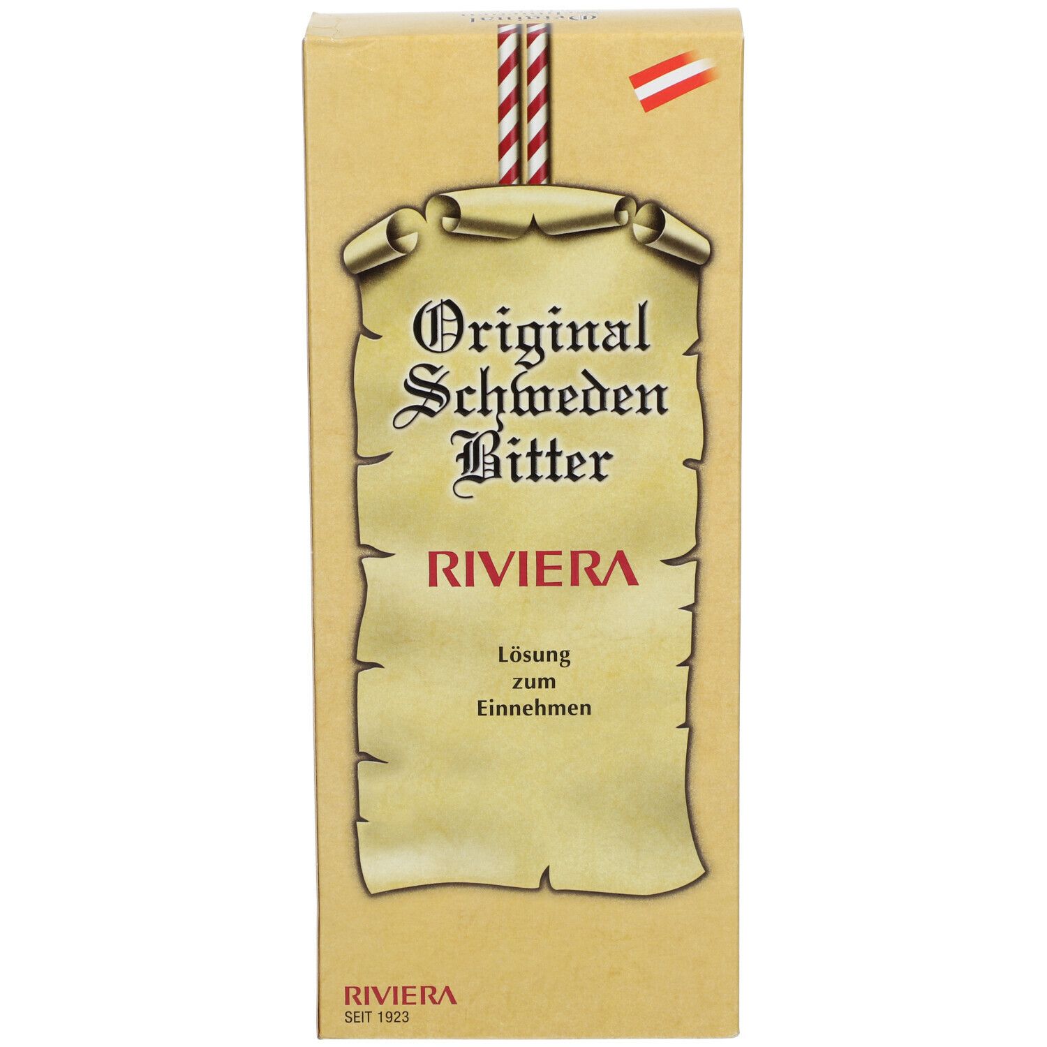 Beige Kartonverpackung. Aufschrift: Original Schweden Bitter RIVIERA. Österreichische Flagge und Logo. Text: Lösung zum Einnehmen.
