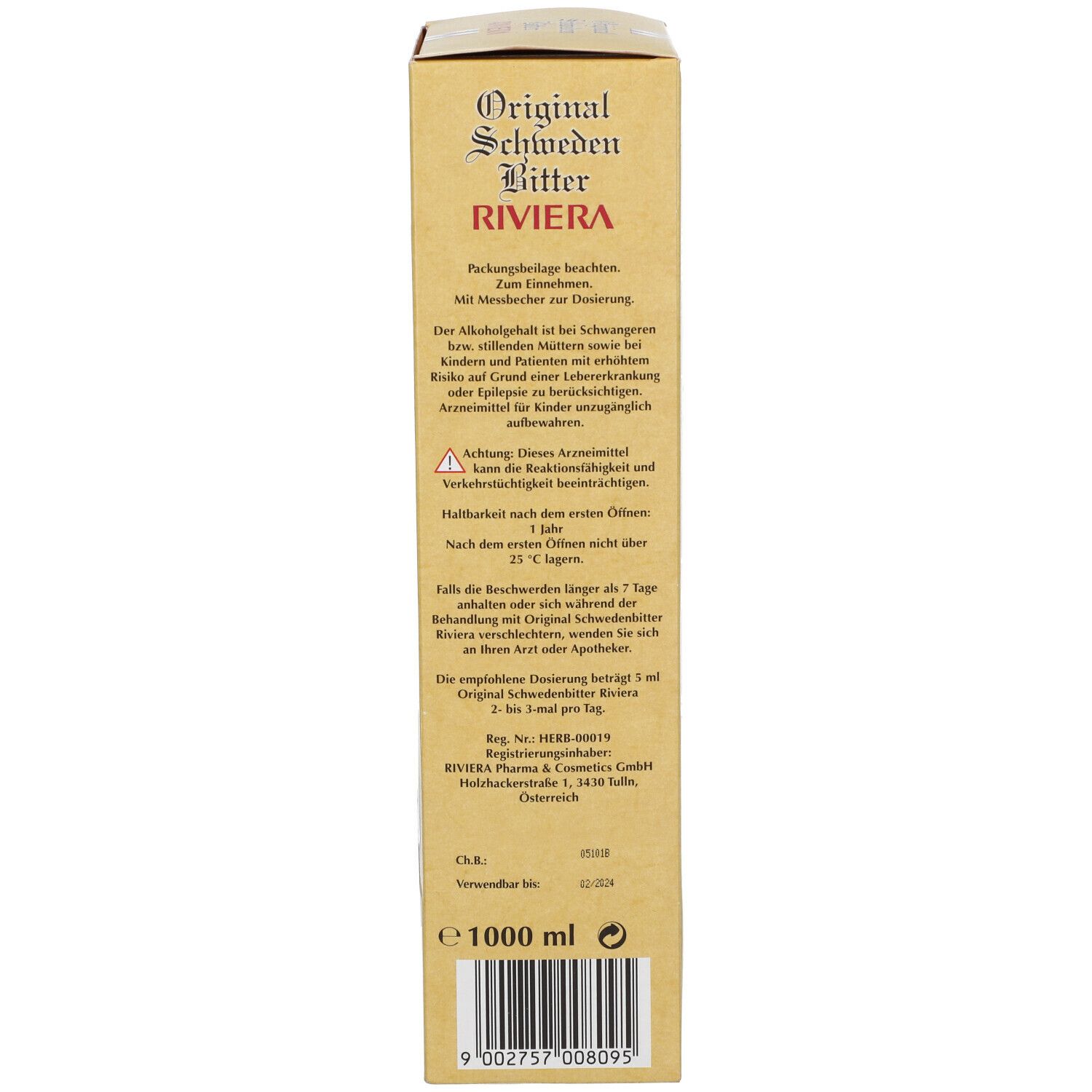 Beige Kartonverpackung. Aufschrift: Original Schweden Bitter RIVIERA. Text mit Anwendungshinweisen und Warnhinweisen. Volumenangabe: 1000 ml.