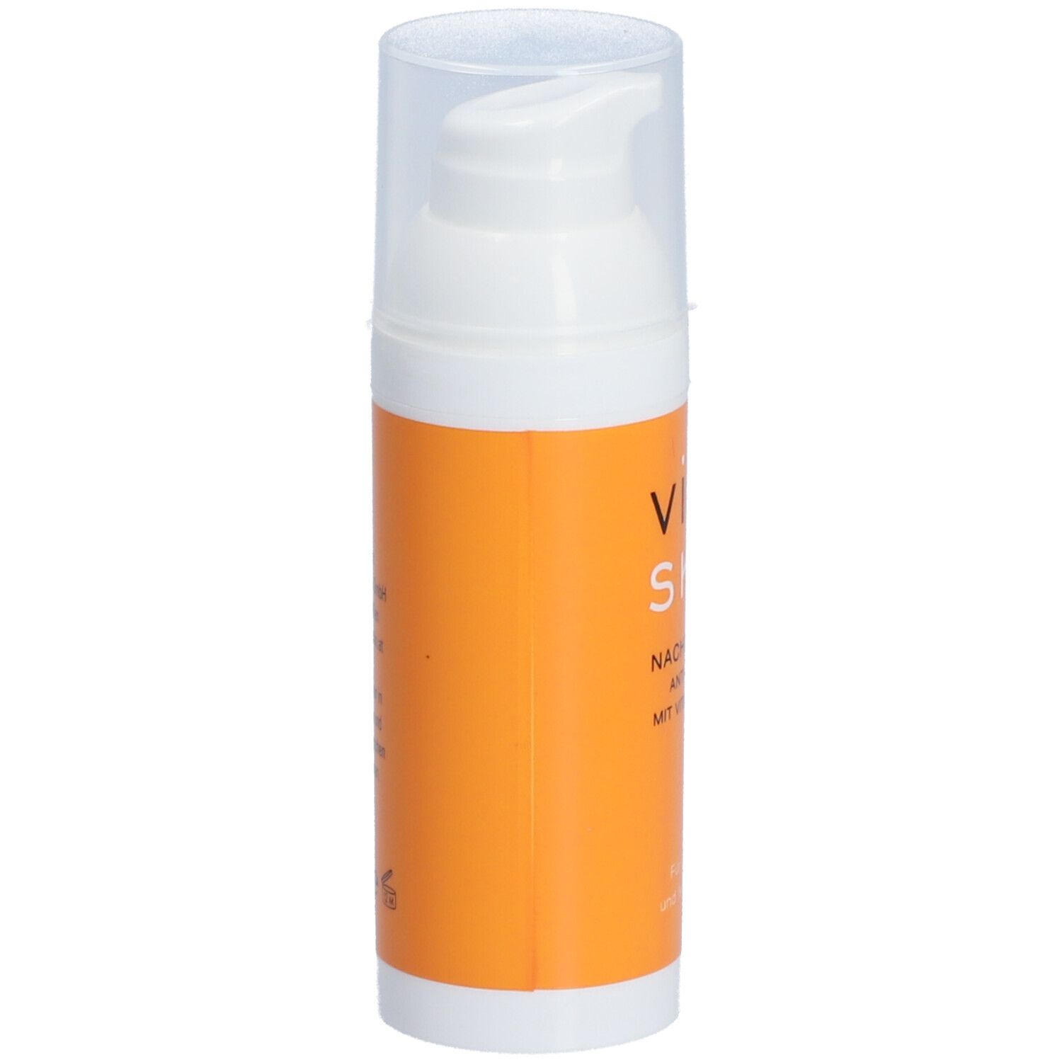 Weiße Flasche mit orangefarbener Hülle. Aufschrift: VIVA SKIN Nachtcreme, Anti-Aging, mit Vitamin C + E. Für normale und fettige Haut.