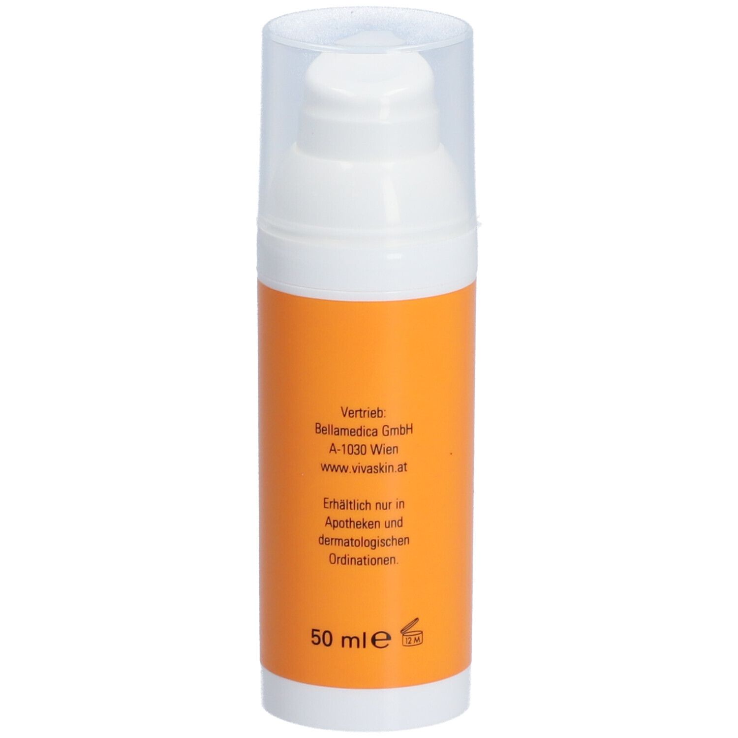 Weiße Flasche mit orangefarbener Hülle. Aufschrift: VIVA SKIN Nachtcreme, Anti-Aging, mit Vitamin C + E. Für normale und fettige Haut.