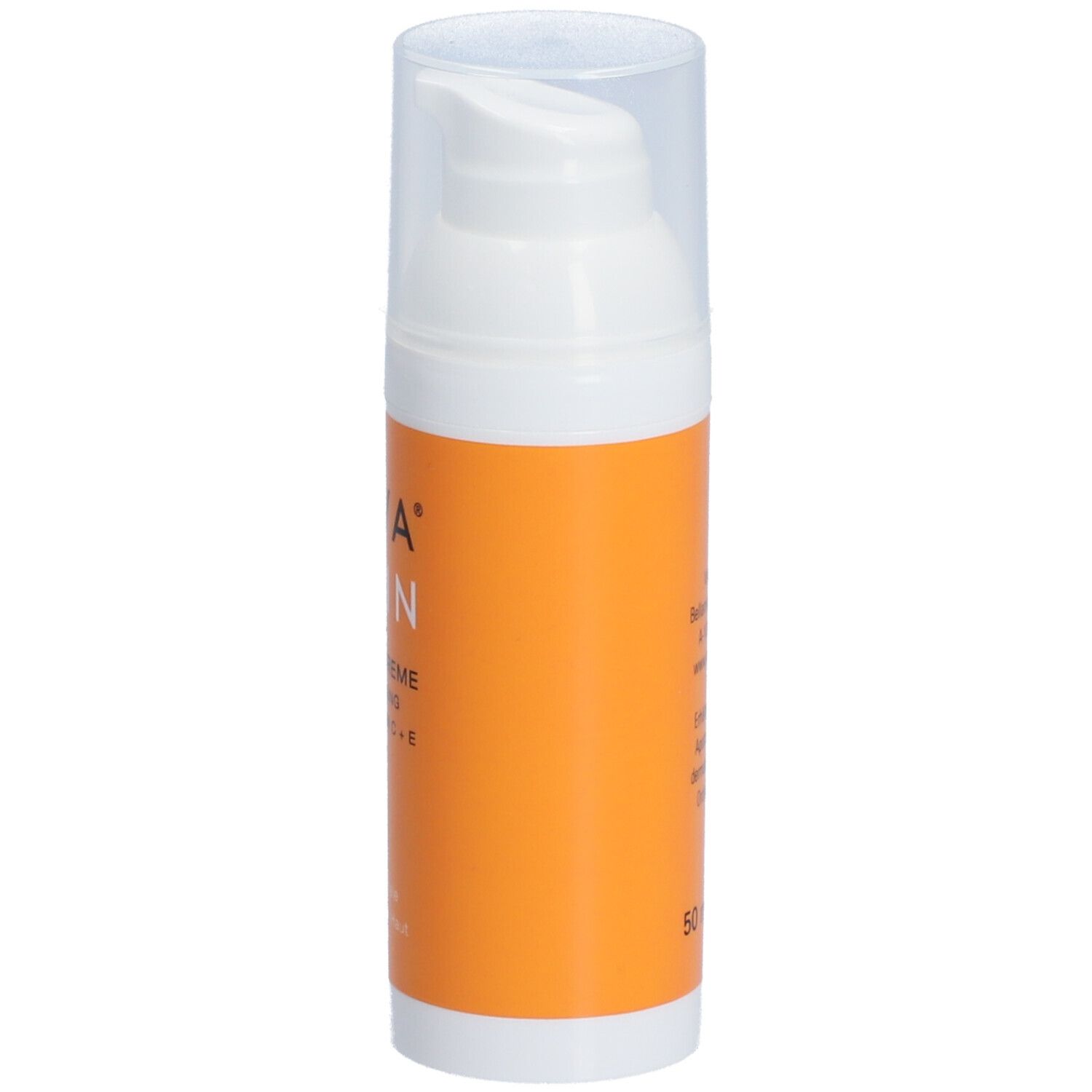 Weiße Flasche mit orangefarbener Hülle. Aufschrift: VIVA SKIN Nachtcreme, Anti-Aging, mit Vitamin C + E. Für normale und fettige Haut.