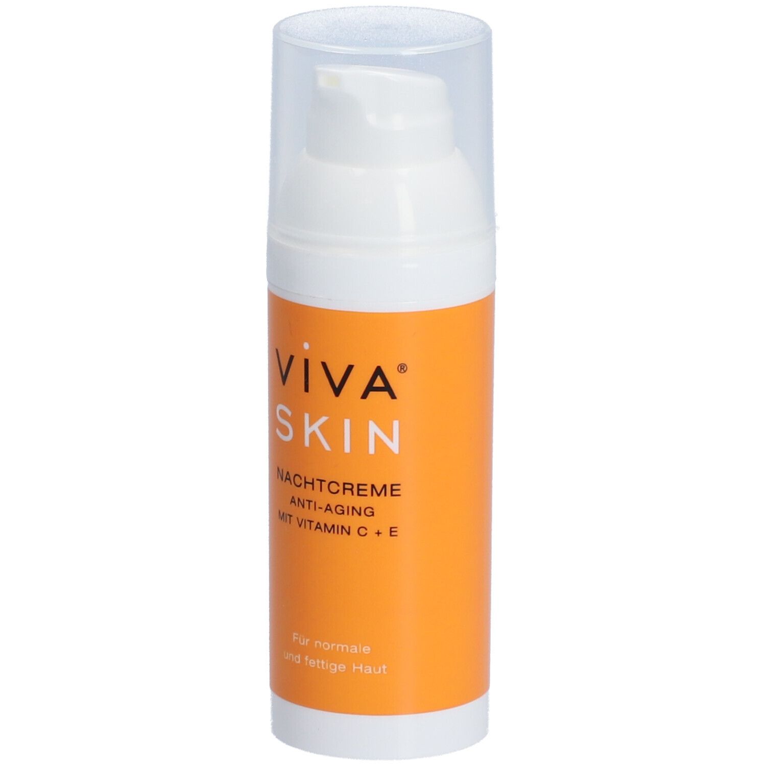 Weiße Flasche mit orangefarbener Hülle. Aufschrift: VIVA SKIN Nachtcreme, Anti-Aging, mit Vitamin C + E. Für normale und fettige Haut.