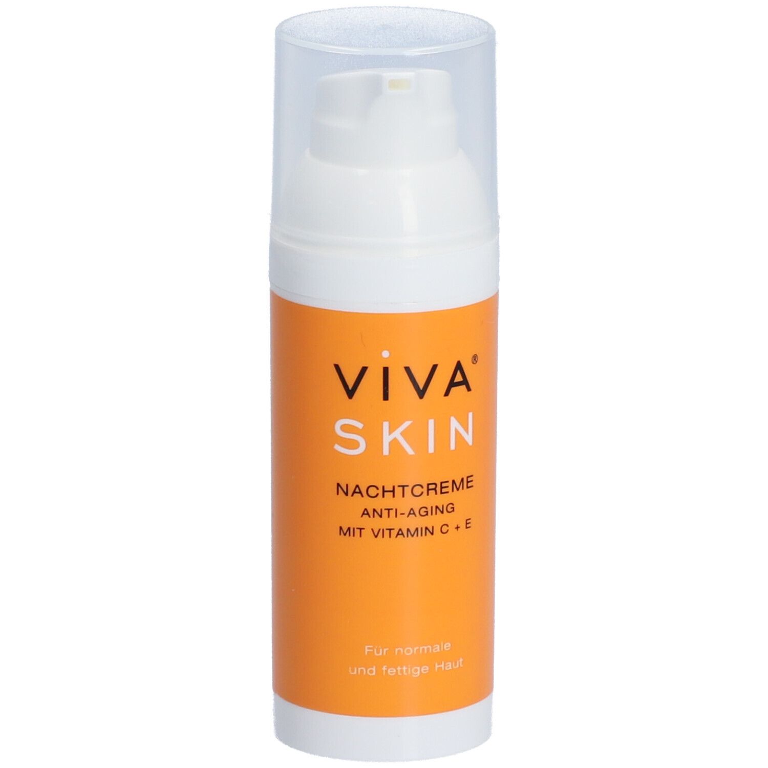 Weiße Flasche mit orangefarbener Hülle. Aufschrift: VIVA SKIN Nachtcreme, Anti-Aging, mit Vitamin C + E. Für normale und fettige Haut.