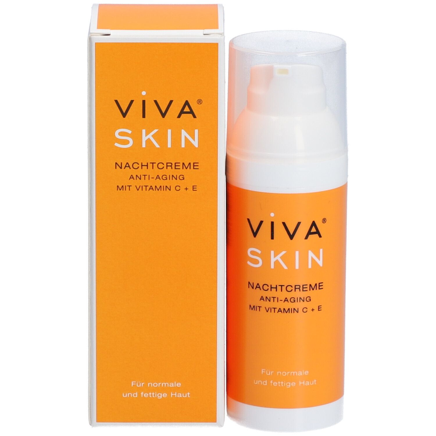 Produktverpackung: Flasche und Schachtel. Aufschrift: VIVA SKIN Nachtcreme, Anti-Aging, mit Vitamin C + E. Für normale und fettige Haut.