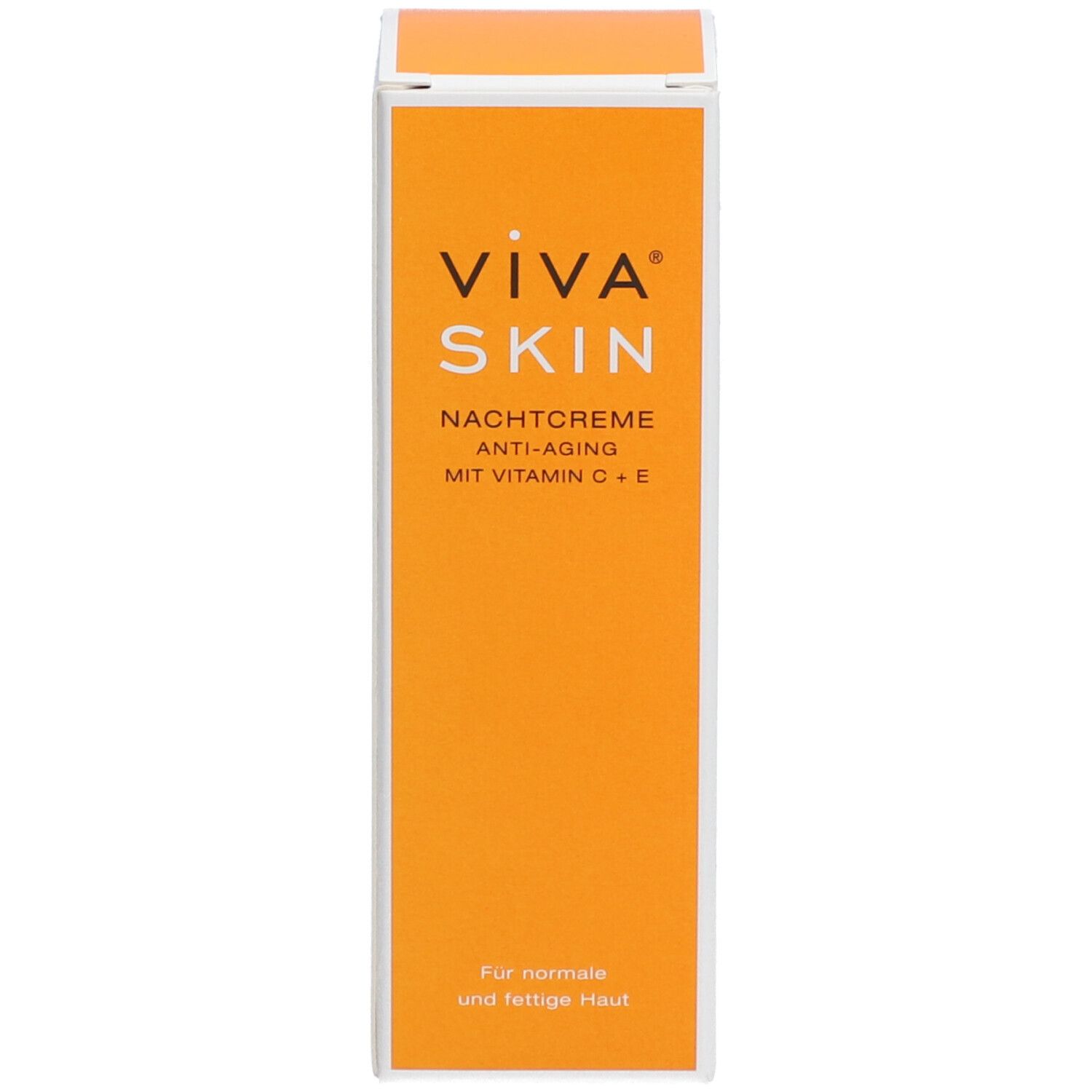 Produktverpackung: Schachtel. Aufschrift: VIVA SKIN Nachtcreme, Anti-Aging, mit Vitamin C + E. Für normale und fettige Haut.
