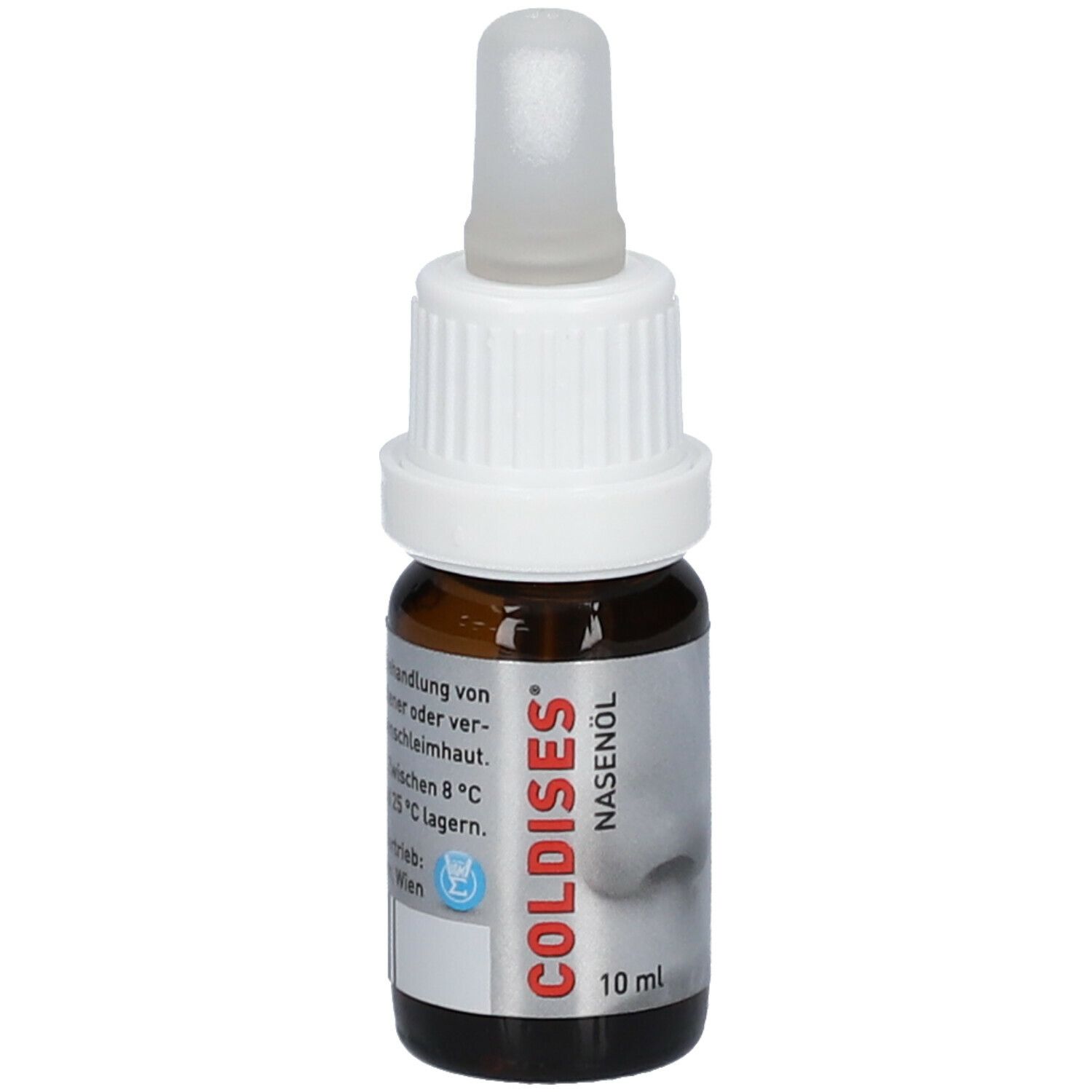 Braune Glasflasche mit weißem Schraubverschluss und Tropfer. Etikett mit Produktname COLDISES Nasenöl und 10 ml.