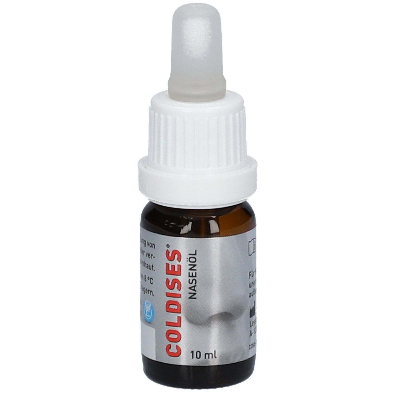 Braune Glasflasche mit weißem Schraubverschluss und Tropfer. Etikett mit Produktname COLDISES Nasenöl und 10 ml.