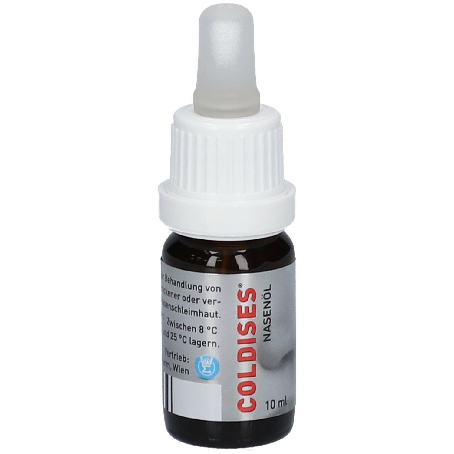 Braune Glasflasche mit weißem Schraubverschluss und Tropfer. Etikett mit Produktname COLDISES Nasenöl und 10 ml.