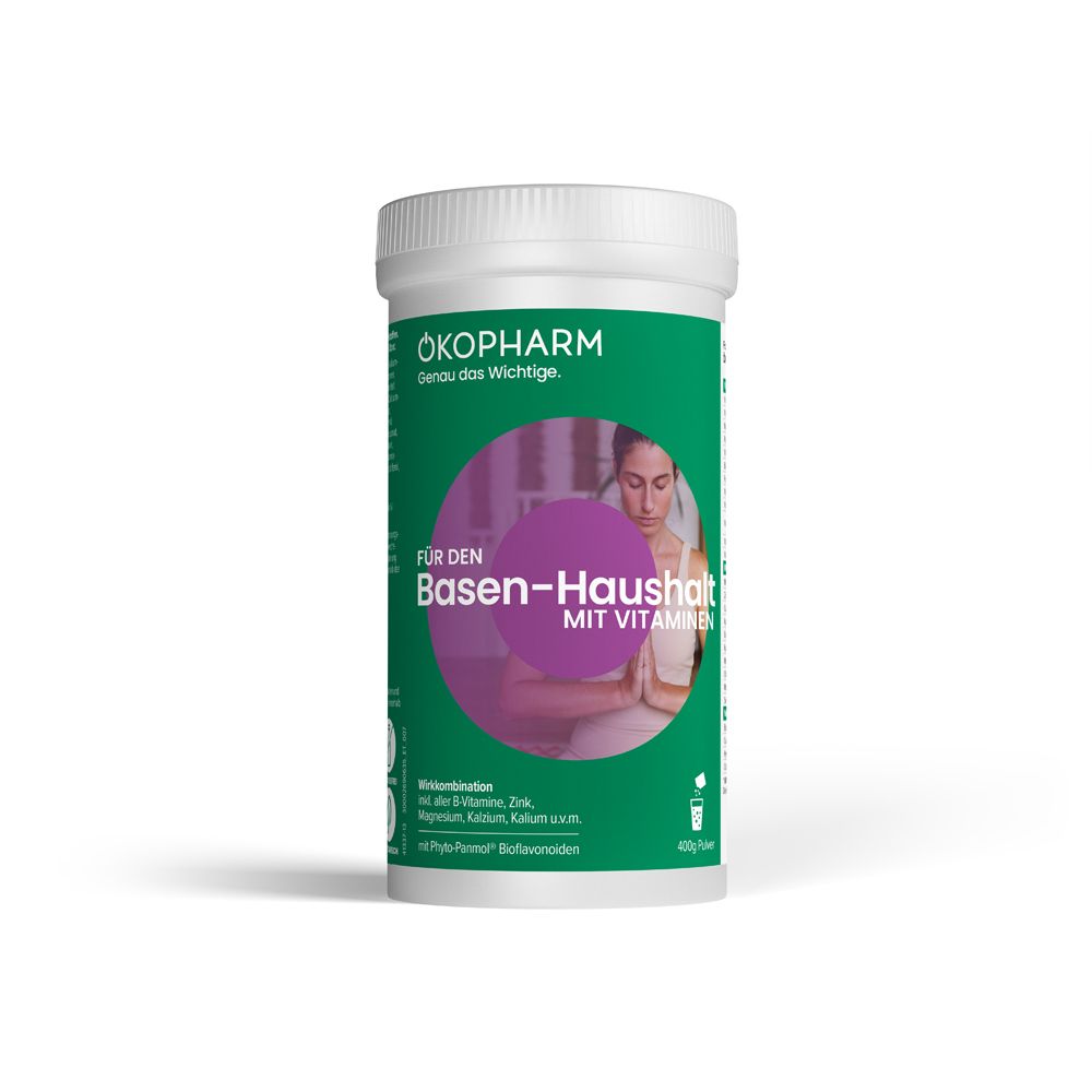 Zylindrische Dose mit grünem Etikett. Aufschrift: ÖKOPHARM, Basen-Haushalt mit Vitaminen. Abbildung einer Frau. Weißer Deckel.
