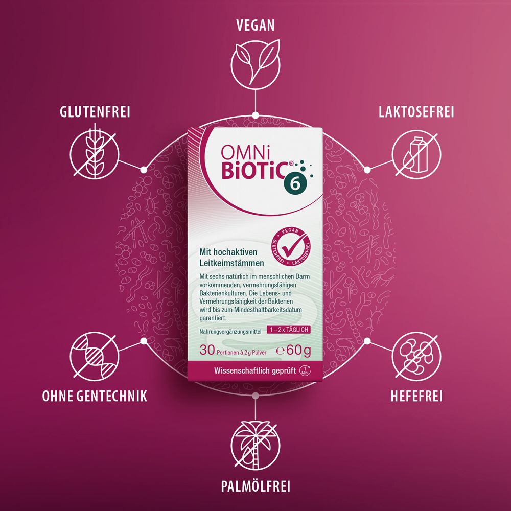 OMNi BiOTiC® 6 Packung, umgeben von Symbolen für vegan, glutenfrei, laktosefrei, hefefrei, palmölfrei, ohne Gentechnik.