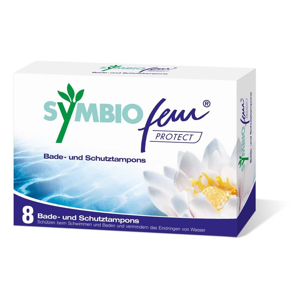 Weiße Schachtel mit SYMBIOfem PROTECT. Aufschrift: Bade- und Schutztampons. Abbildung einer Blüte. 8 Stück.