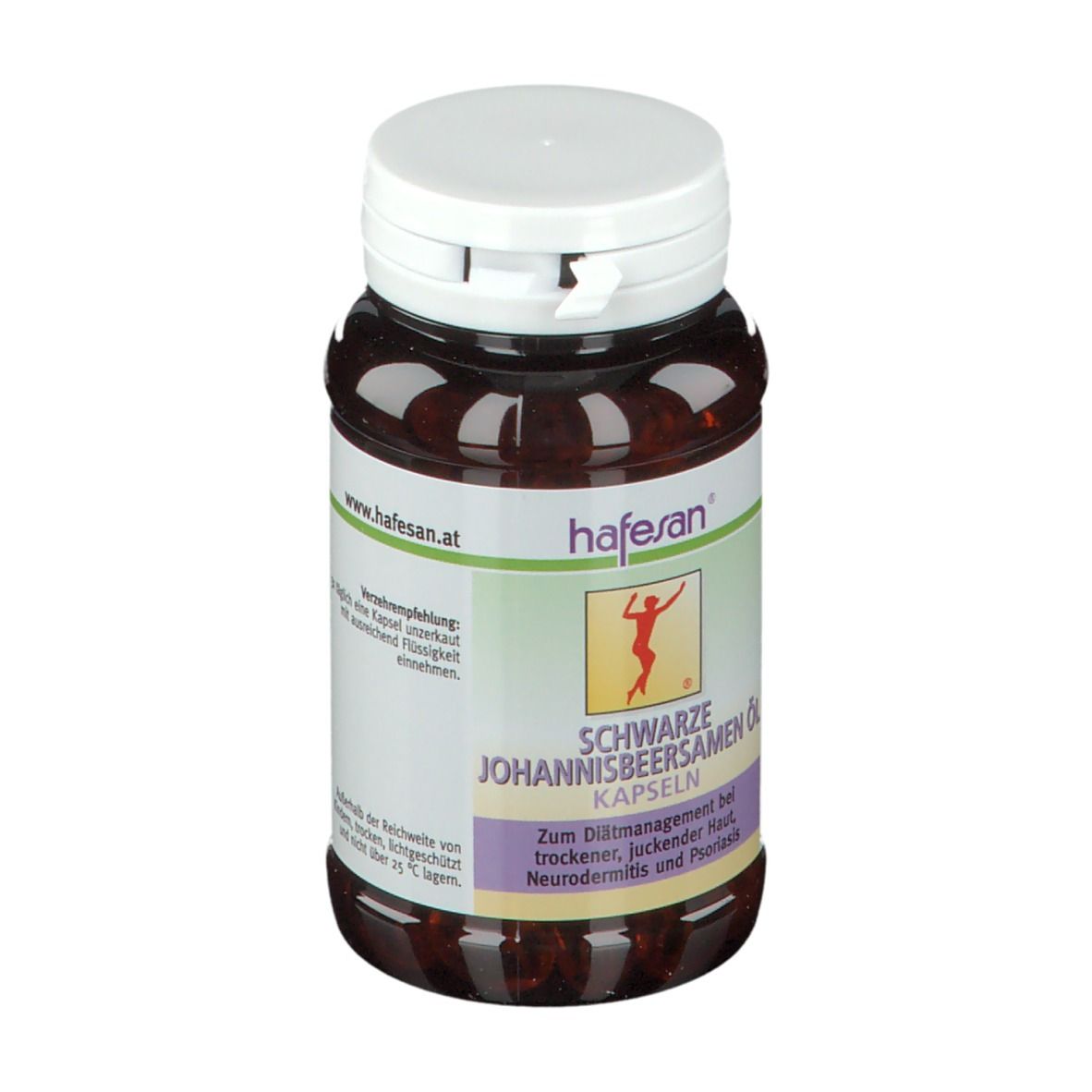 Braune Kapsel-Dose mit weißem Deckel. Aufschrift: hafesan® Schwarze Johannisbeersamen Öl Kapseln. Für trockene Haut, Neurodermitis, Psoriasis.
