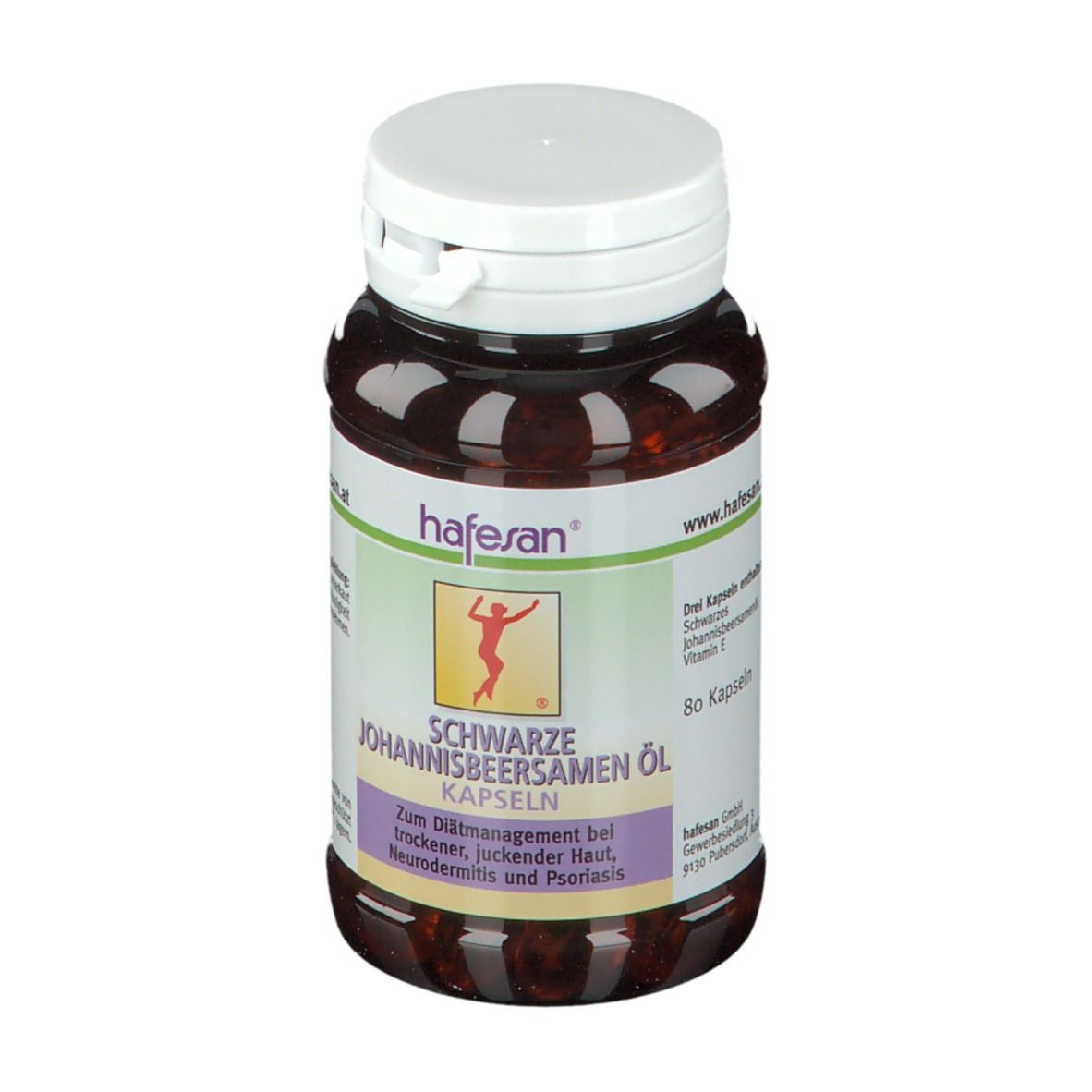 Braune Kapsel-Dose mit weißem Deckel. Aufschrift: hafesan® Schwarze Johannisbeersamen Öl Kapseln. 80 Kapseln. Für trockene Haut, Neurodermitis, Psoriasis.