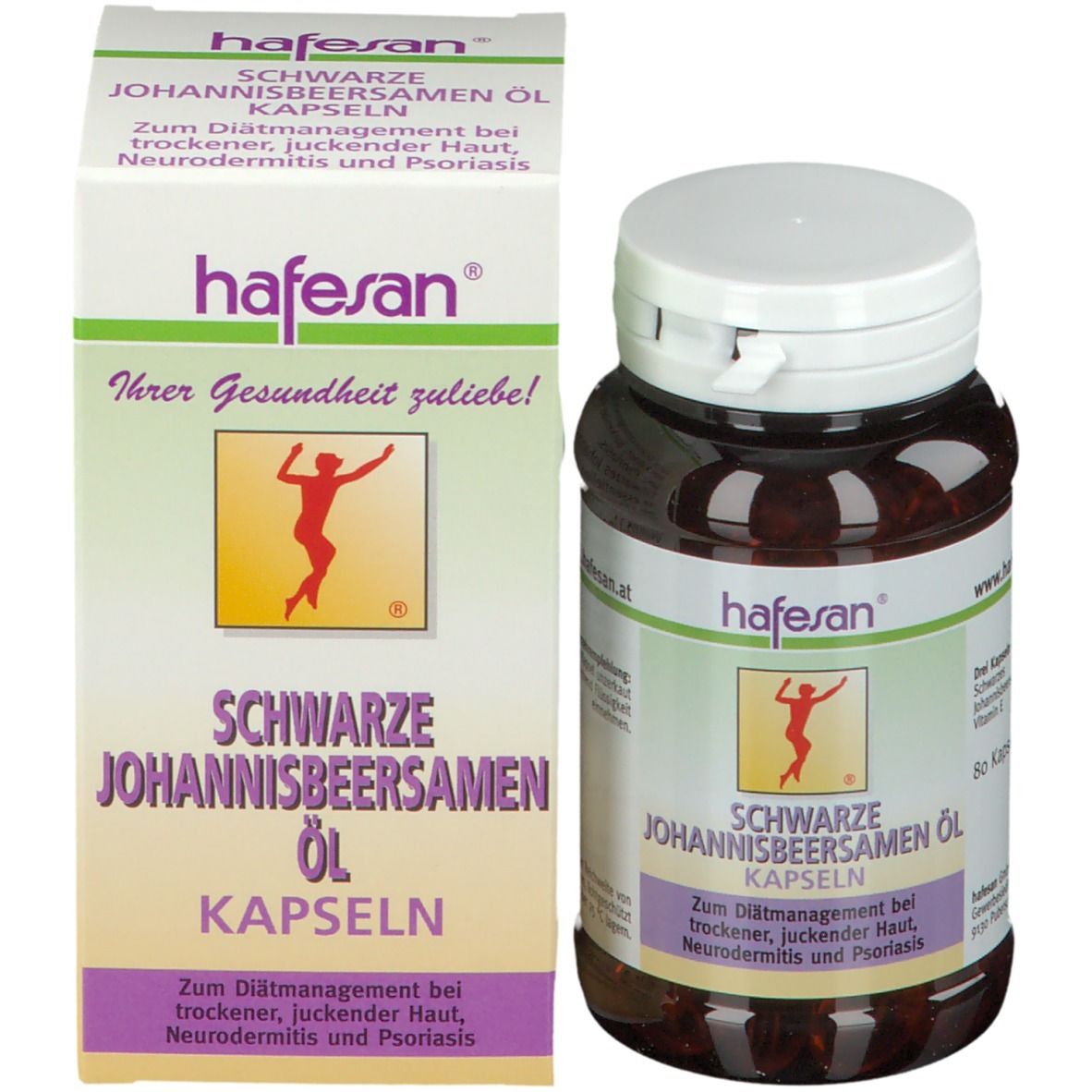 Produktverpackung mit Dose und Karton. Aufschrift: hafesan® Schwarze Johannisbeersamen Öl Kapseln. Für trockene Haut, Neurodermitis, Psoriasis.