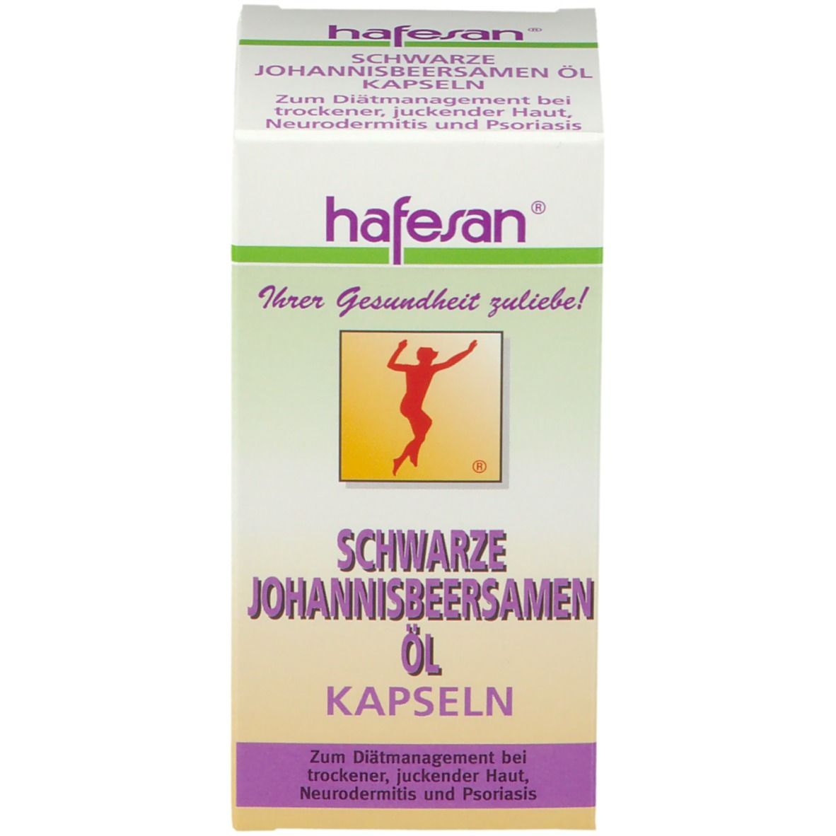 Produktverpackung. Aufschrift: hafesan® Schwarze Johannisbeersamen Öl Kapseln. Für trockene Haut, Neurodermitis, Psoriasis.