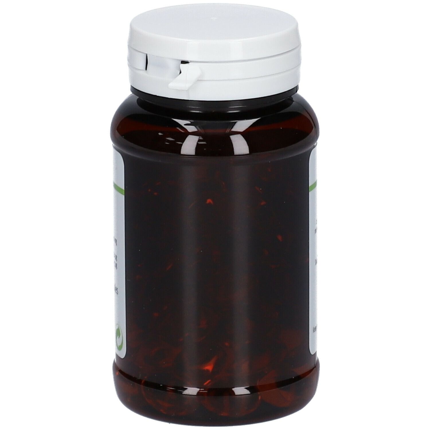 Braune Kapseln in einer braunen Flasche mit weißem Deckel. Die Flasche ist fast leer.