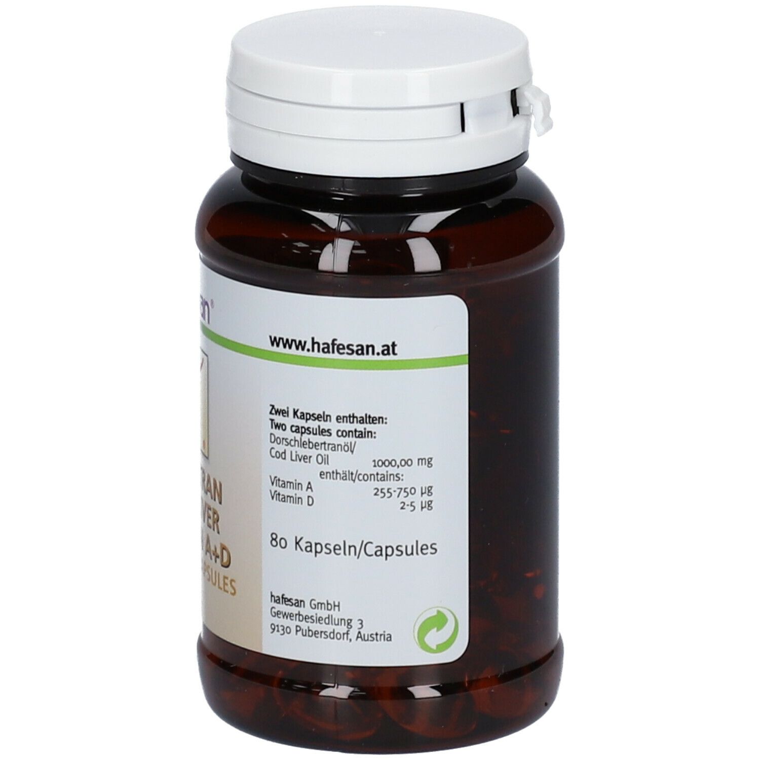 Braune Kapseln in einer braunen Flasche mit weißem Deckel. Aufschrift: 80 Kapseln/Capsules. Inhaltsstoffe.