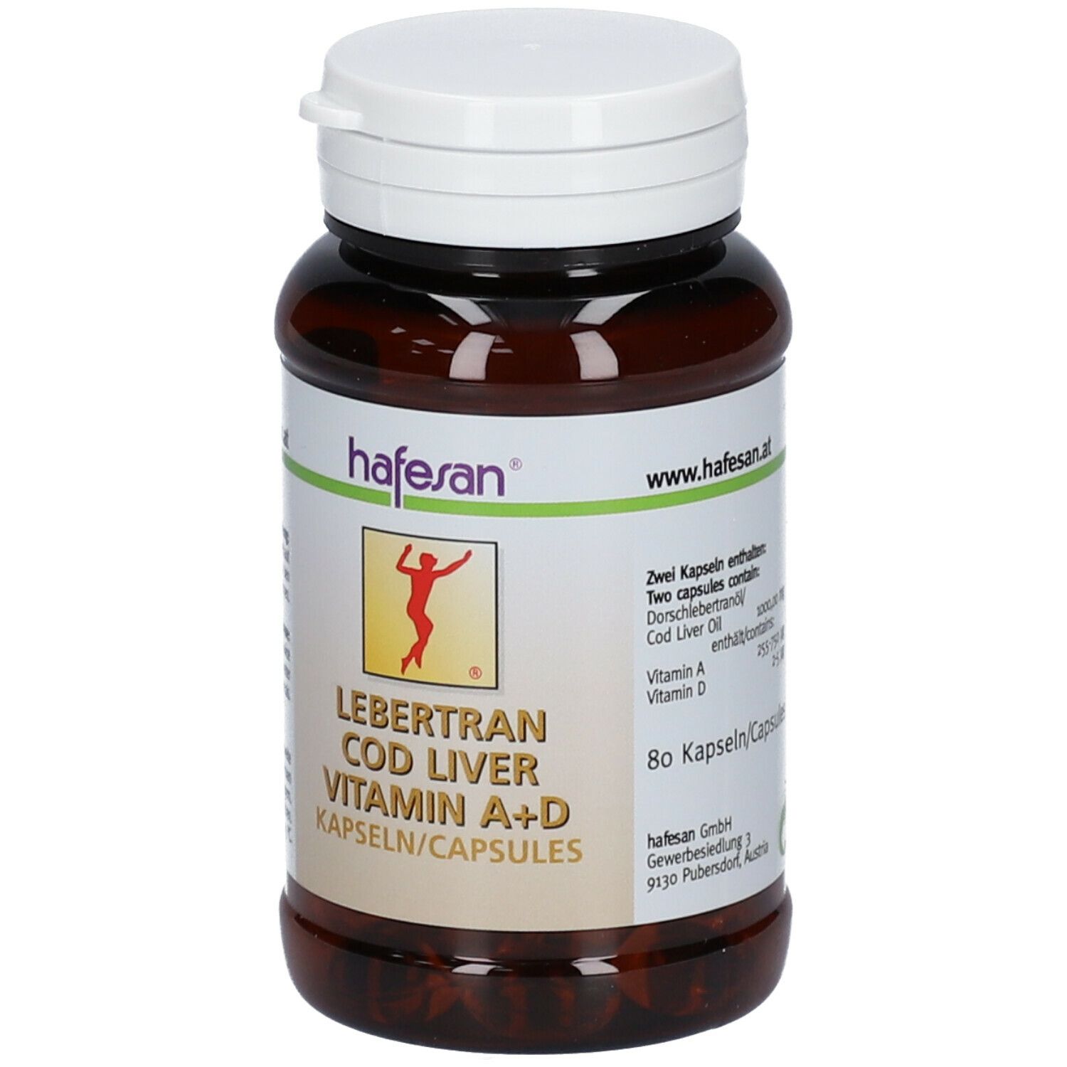 Braune Kapseln in einer braunen Flasche mit weißem Deckel. Aufschrift: Lebertran Vitamin A+D Kapseln/Capsules.