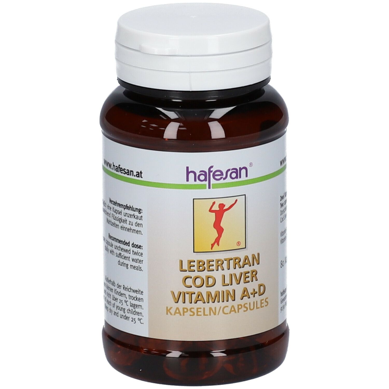 Braune Kapseln in einer braunen Flasche mit weißem Deckel. Aufschrift: Lebertran Vitamin A+D Kapseln/Capsules. Gebrauchsanweisung.
